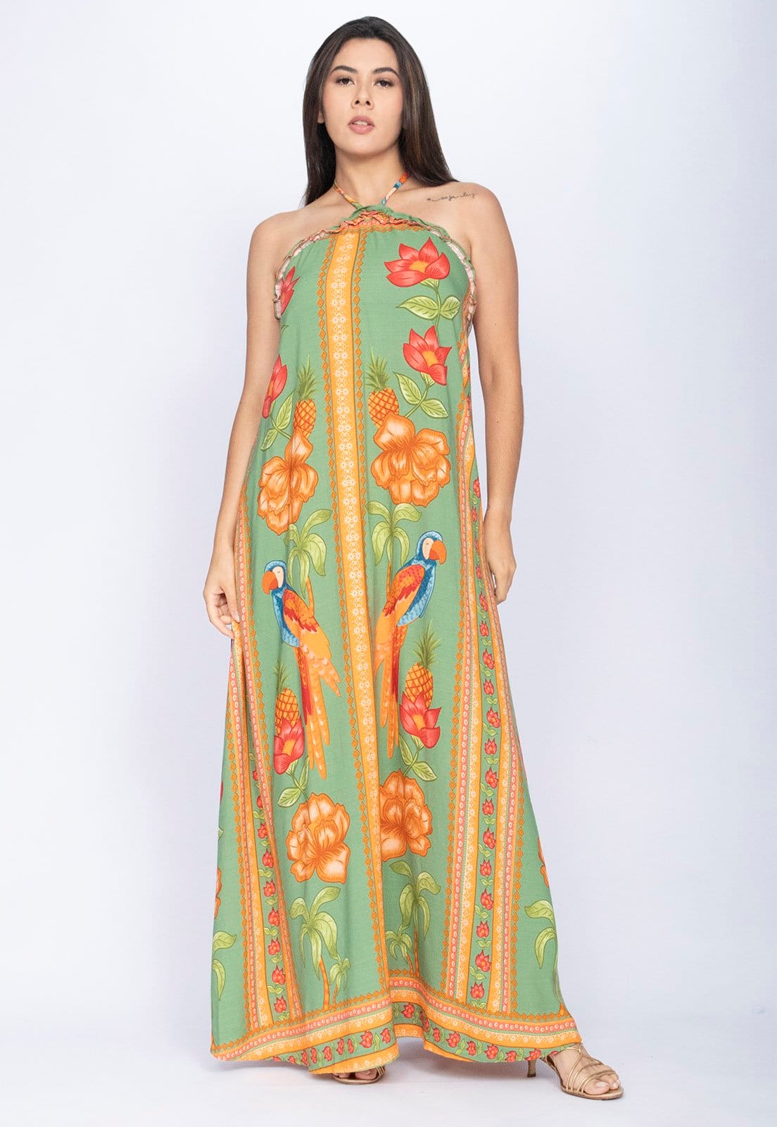 Vista 2 Vestido Amazônia Vital Trapézio Longo Estampa Ararê Verde Amazonia Vital estampado/verde verde