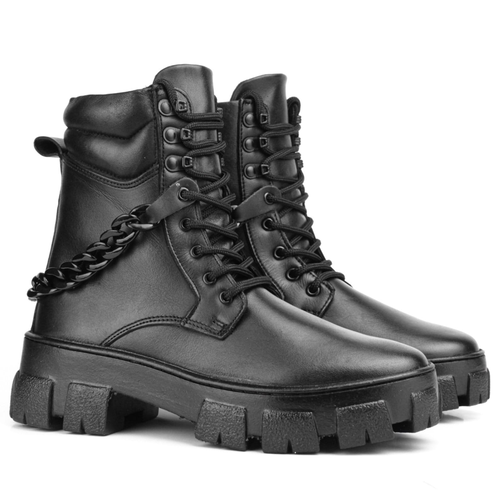 Bota Coturno Couro Militar Feminino Cano Médio Solado Tratorado Corrente Casual