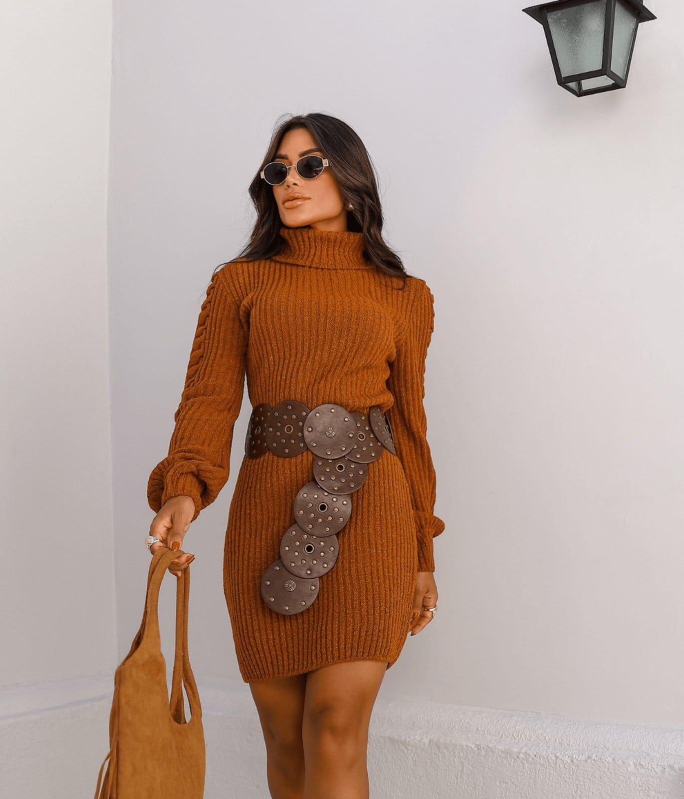 Vista principal Vestido Mousse Cherry Line Tricô Manga Longa Bufante Lurex Ferrugem Cherry Line bronze