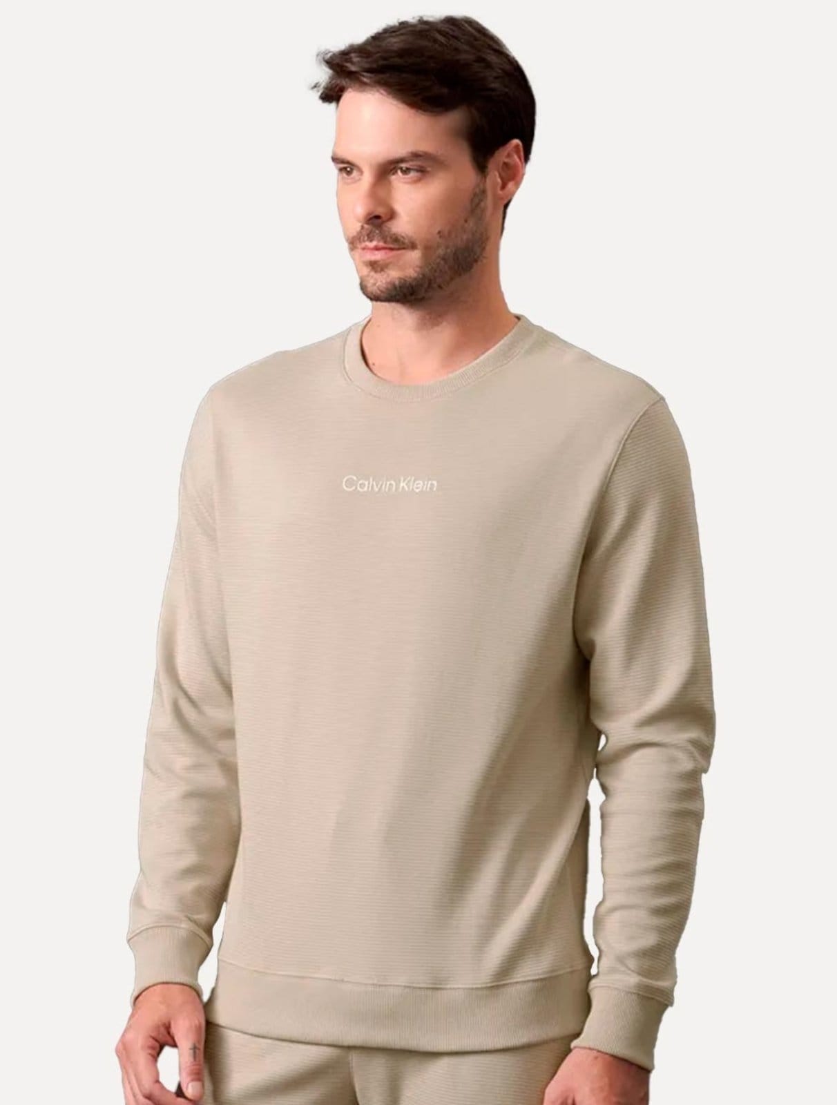 Vista principal Blusão Calvin Klein Masculino Crewneck Suedine Soft Lounge Claro Calvin Klein cáqui