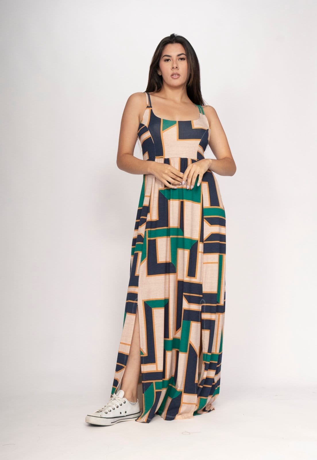 Vestido CabanaFree Longo Jambo Malha Aberturas Aberturas Estampa Chapada de Areia