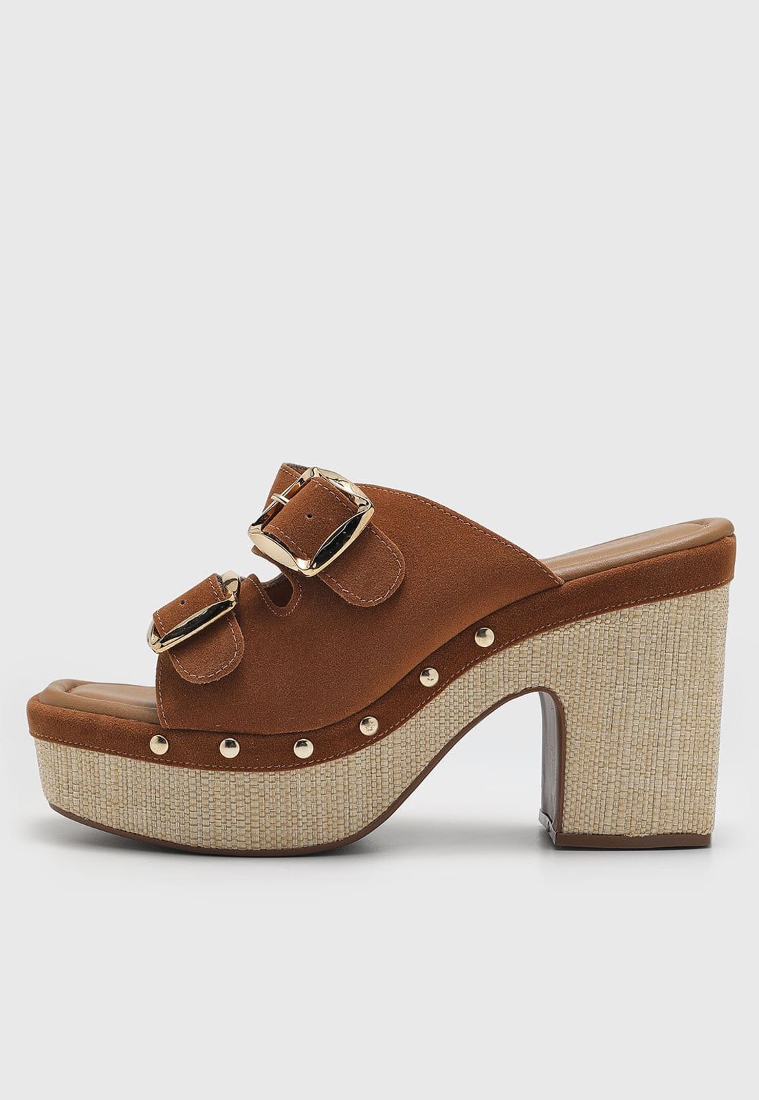 Sandália Feminina cê Duas Fivelas Salto Bloco Caramelo