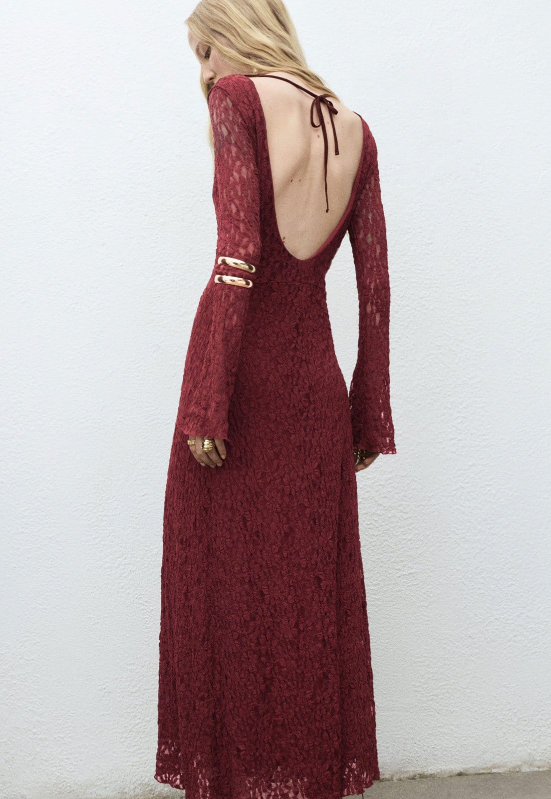 Vista 2 Vestido Feminino Mango Salguer Renda Mango vinho