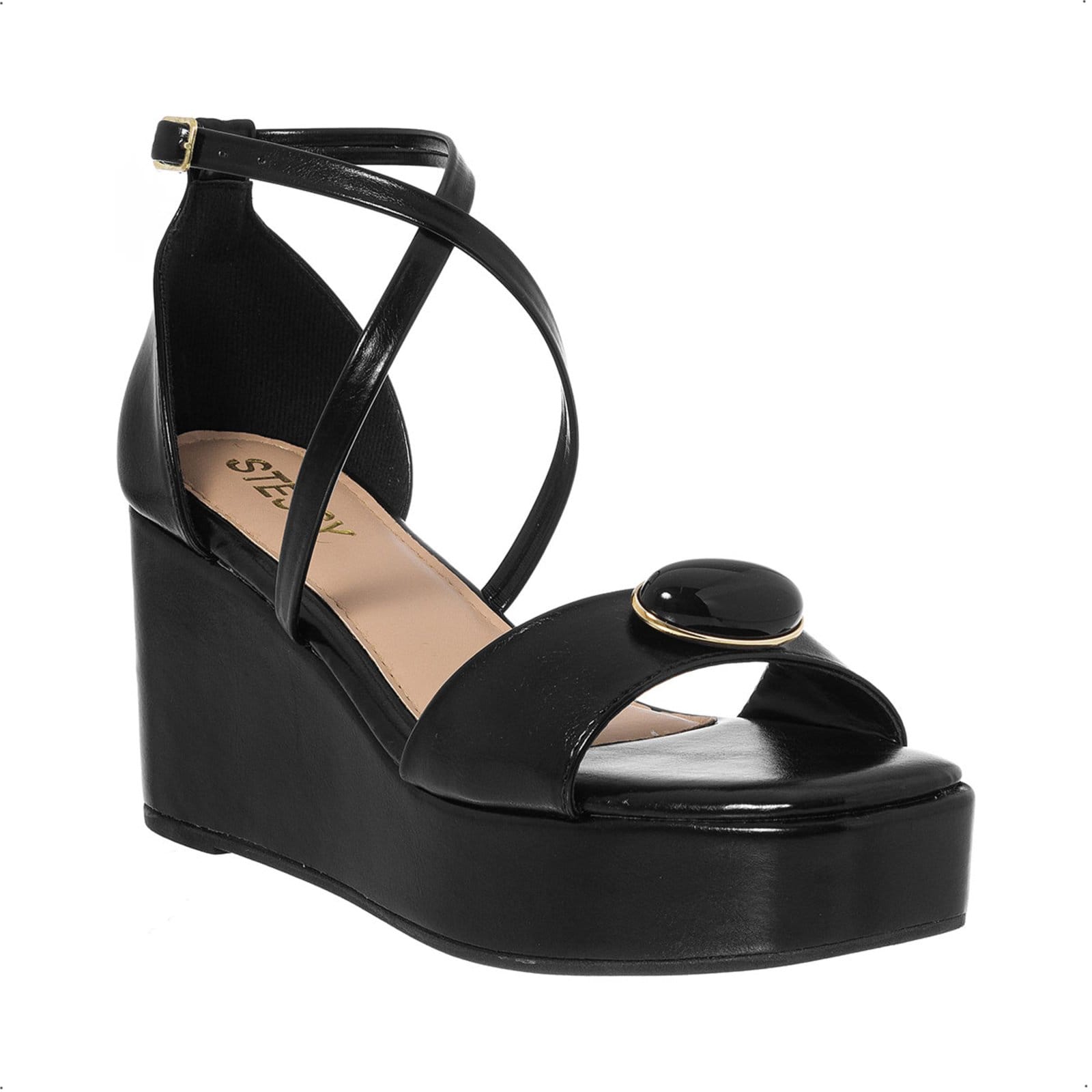 Vista 2 Sandália Feminina Anabela Plataforma Salto Pedraria Fechada Stessy Shoes preto