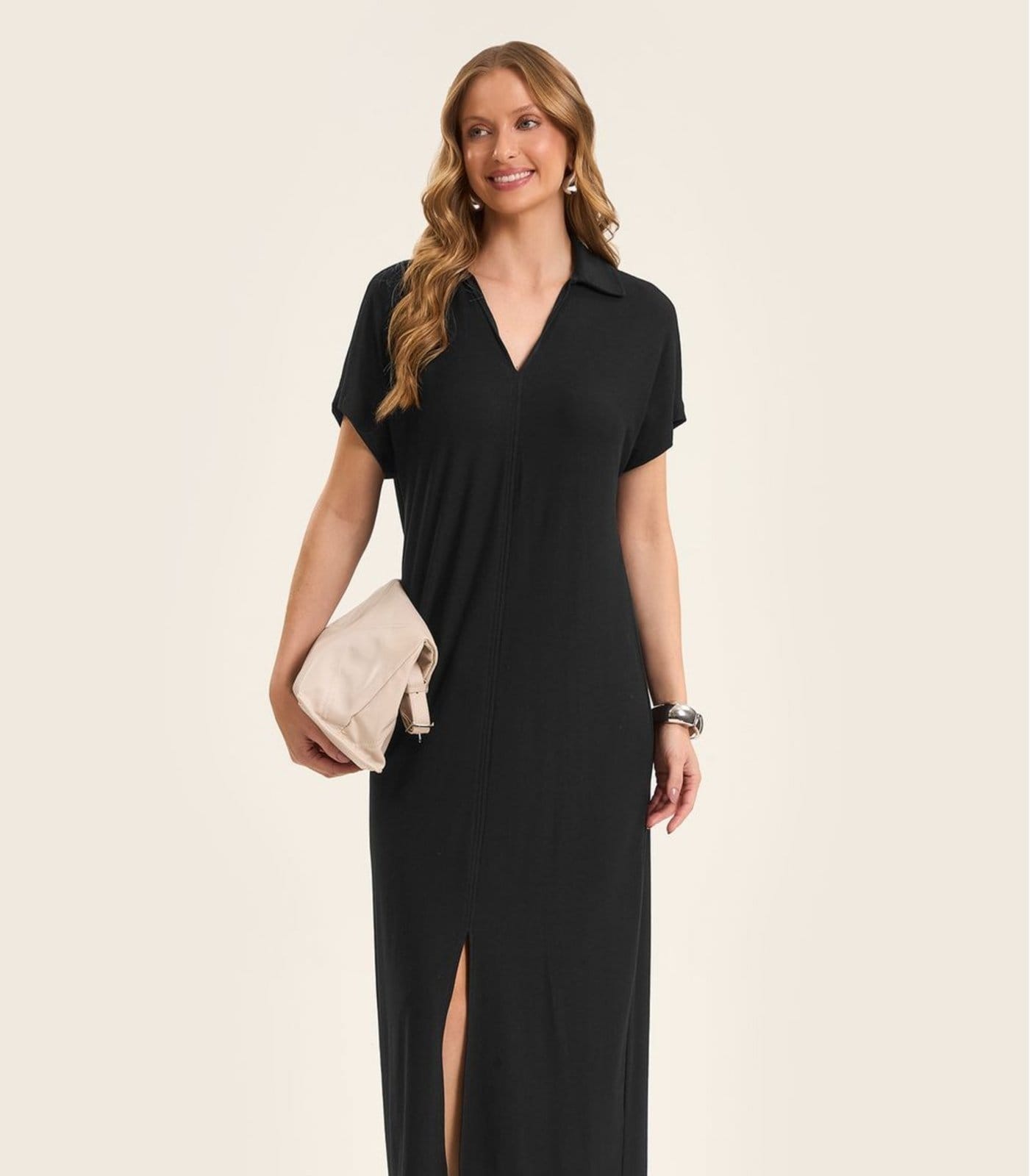 Vista 2 Vestido Midi em Visco Creponada Rovitex Rovitex preto