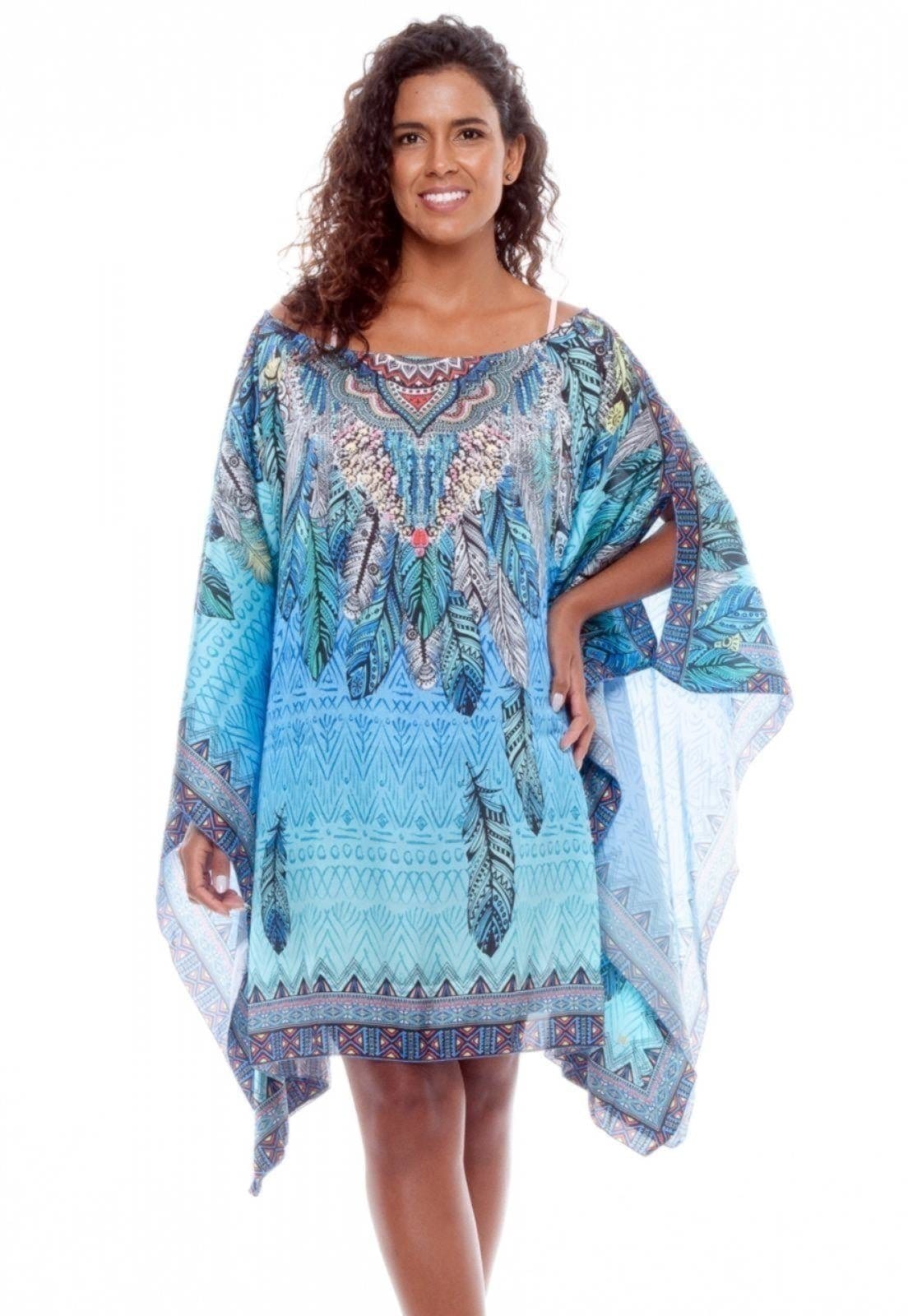 Vestido KAFTAN Curto Cetim Estampado EXCLUSIVO Penas