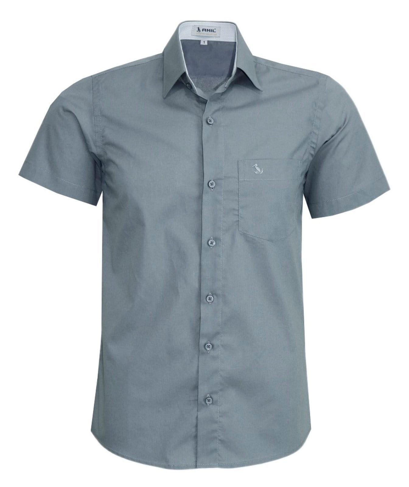 Camisa Social Amil Slim Algodão Malek Manga Curta Com Bolso Luxo Chumbo