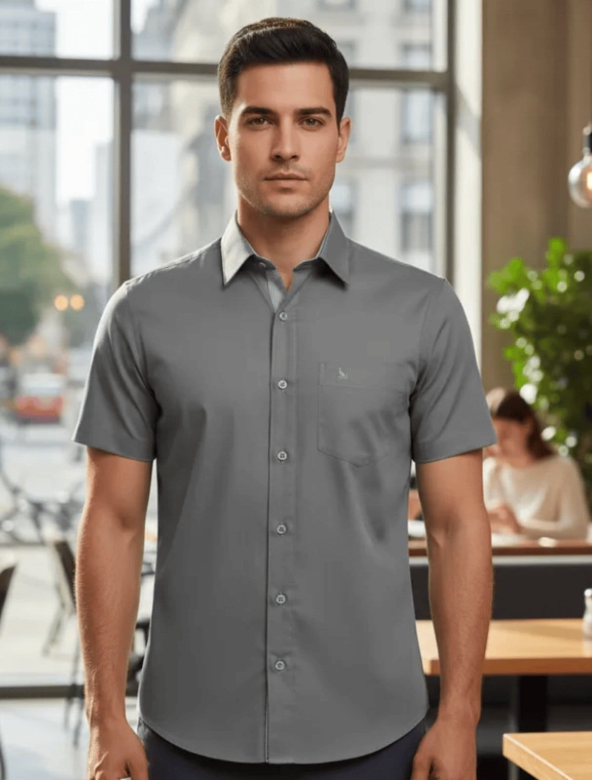 Vista 2 Camisa Social Amil Slim Algodão Malek Manga Curta Com Bolso Luxo Chumbo Amil cinza