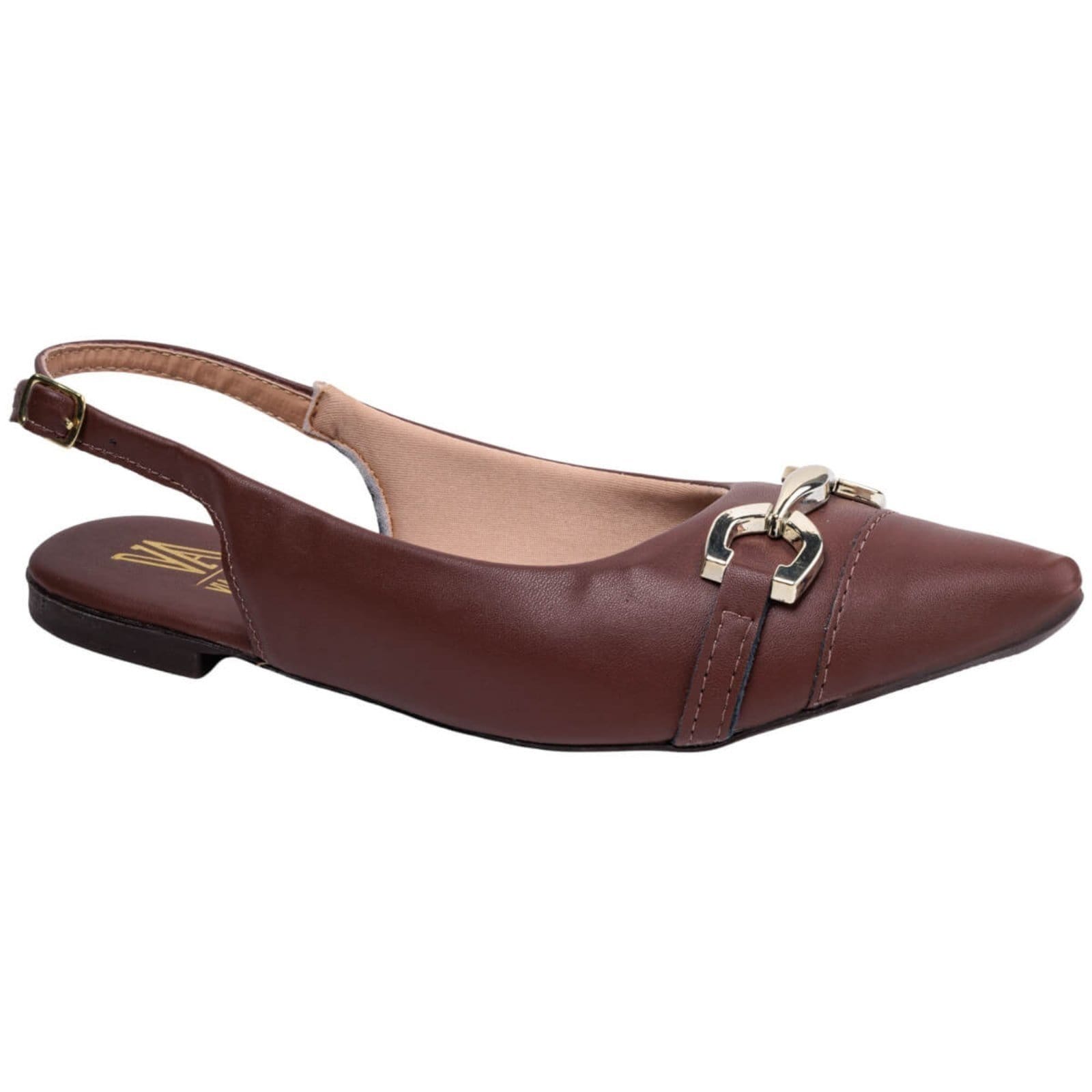 Vista 2 Sapatilha Slingback Feminina Flat Bico Fino Enfeite ABS Casual Confortável Via Angel 9401 Terra VIA ANGEL marrom