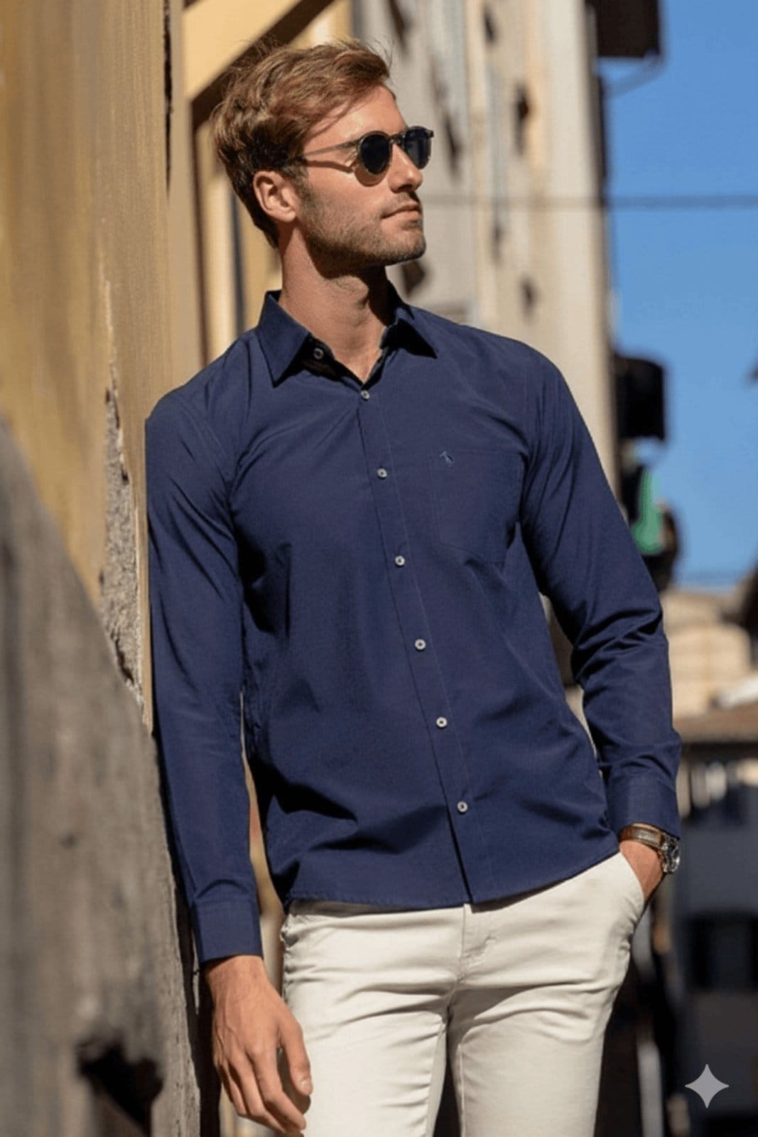 Camisa Social Amil Bros Comfort Algodão/Poliéster Com bolso Macia e Fácil de Passar Marinho