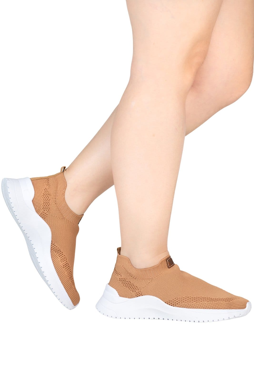 Vista 2 Tênis Meia Feminino Knit Jogger Casual Calce Fácil Leve Macio Confortável Via Angel 8101 VIA ANGEL caramelo