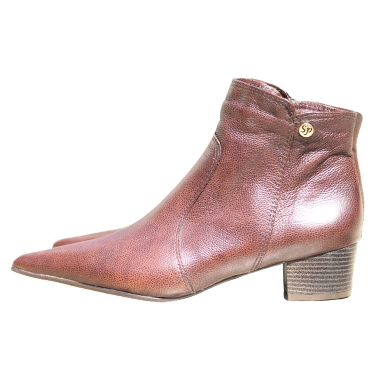 Bota Feminina Bico Fino Cano Curto Couro Salto 4cm Pinhão