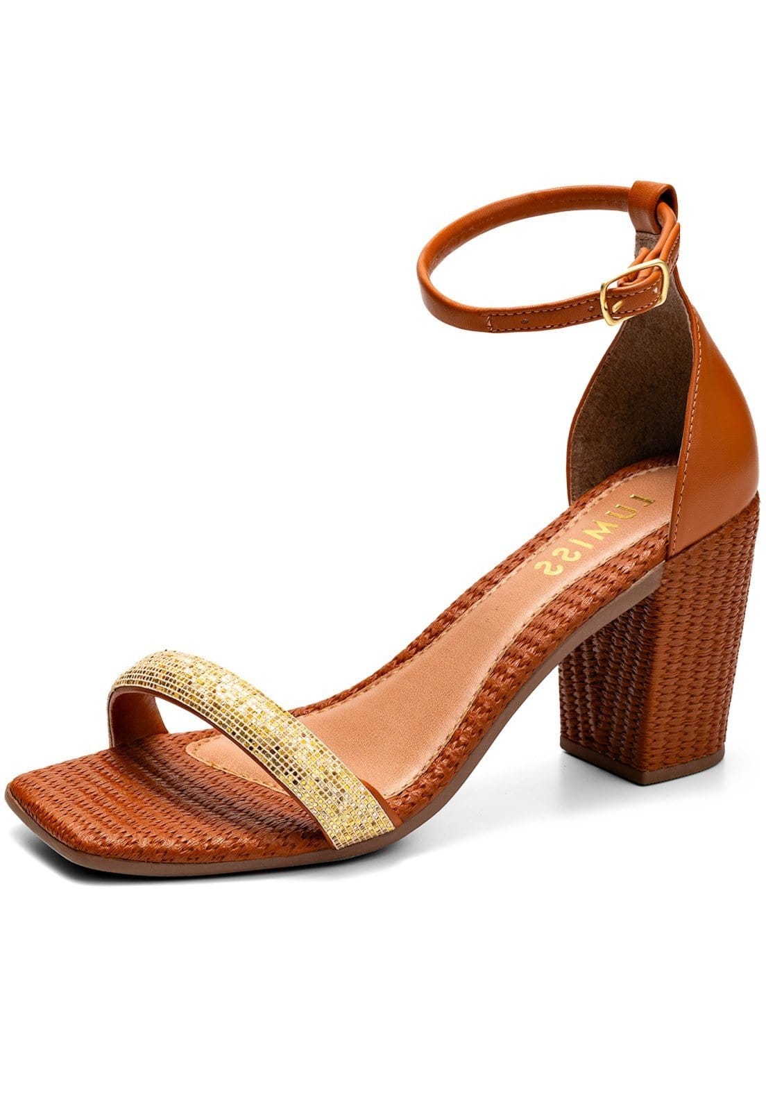 Sandália Feminina Lumiss Salto Alto Bloco Confortável Bico Quadrado Strass Tramado