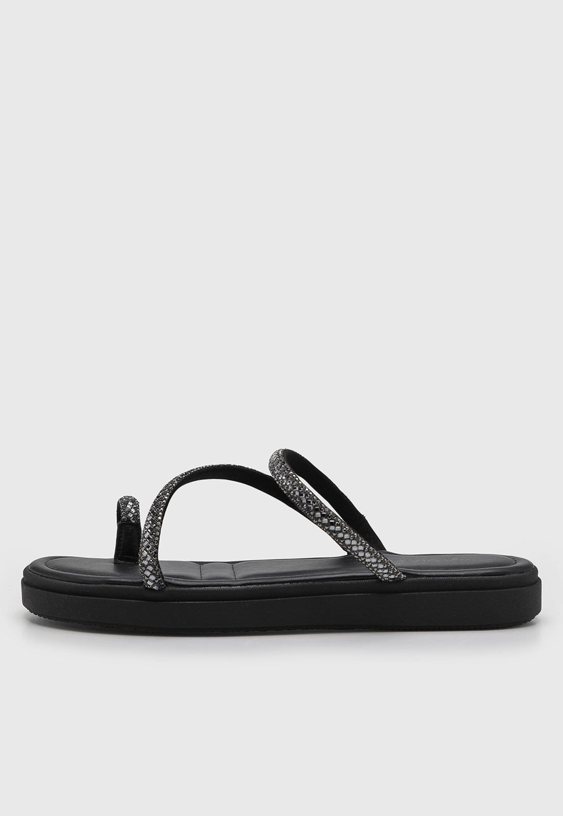 Rasteira Feminina Via Uno Tiras com Brilho Preta