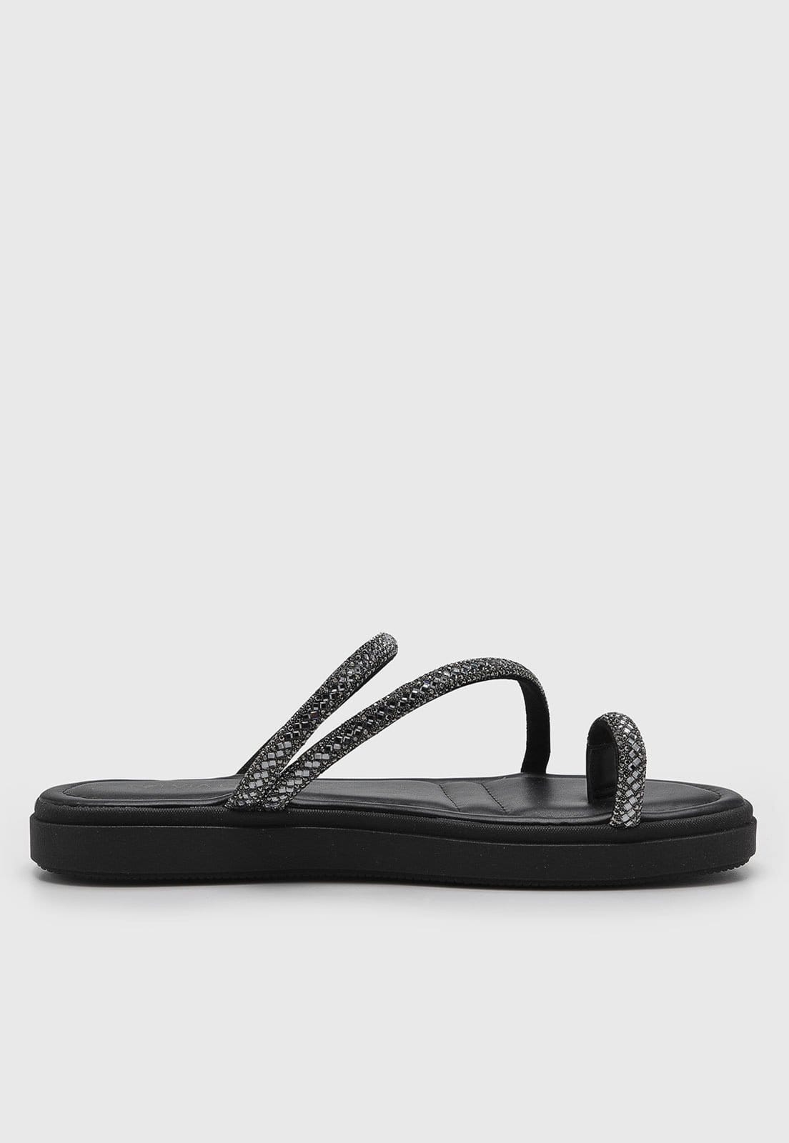 Vista 2 Rasteira Feminina Via Uno Tiras com Brilho Preta VIA UNO preto