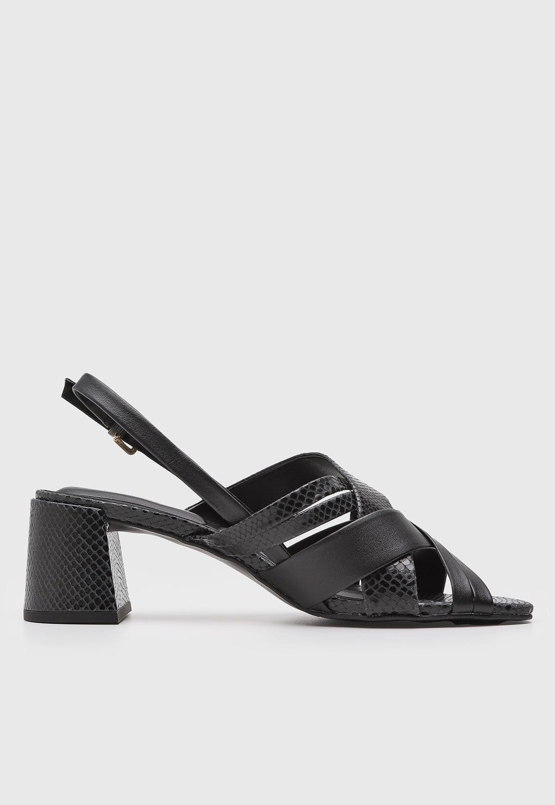 Vista 2 Sandália Feminina Loucos e Santos Salto Bloco Textura Snake Preta Loucos e Santos preto