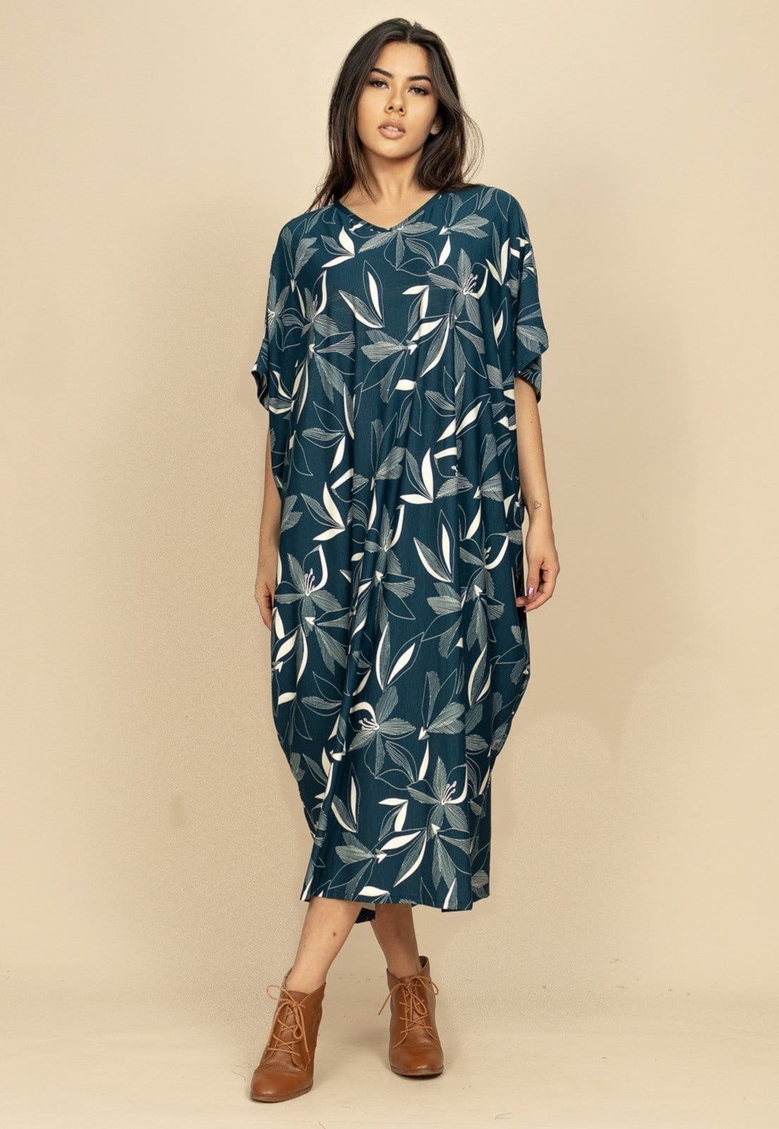 Vestido Kaftan Malha Saruel Estampa Hibisco Blue