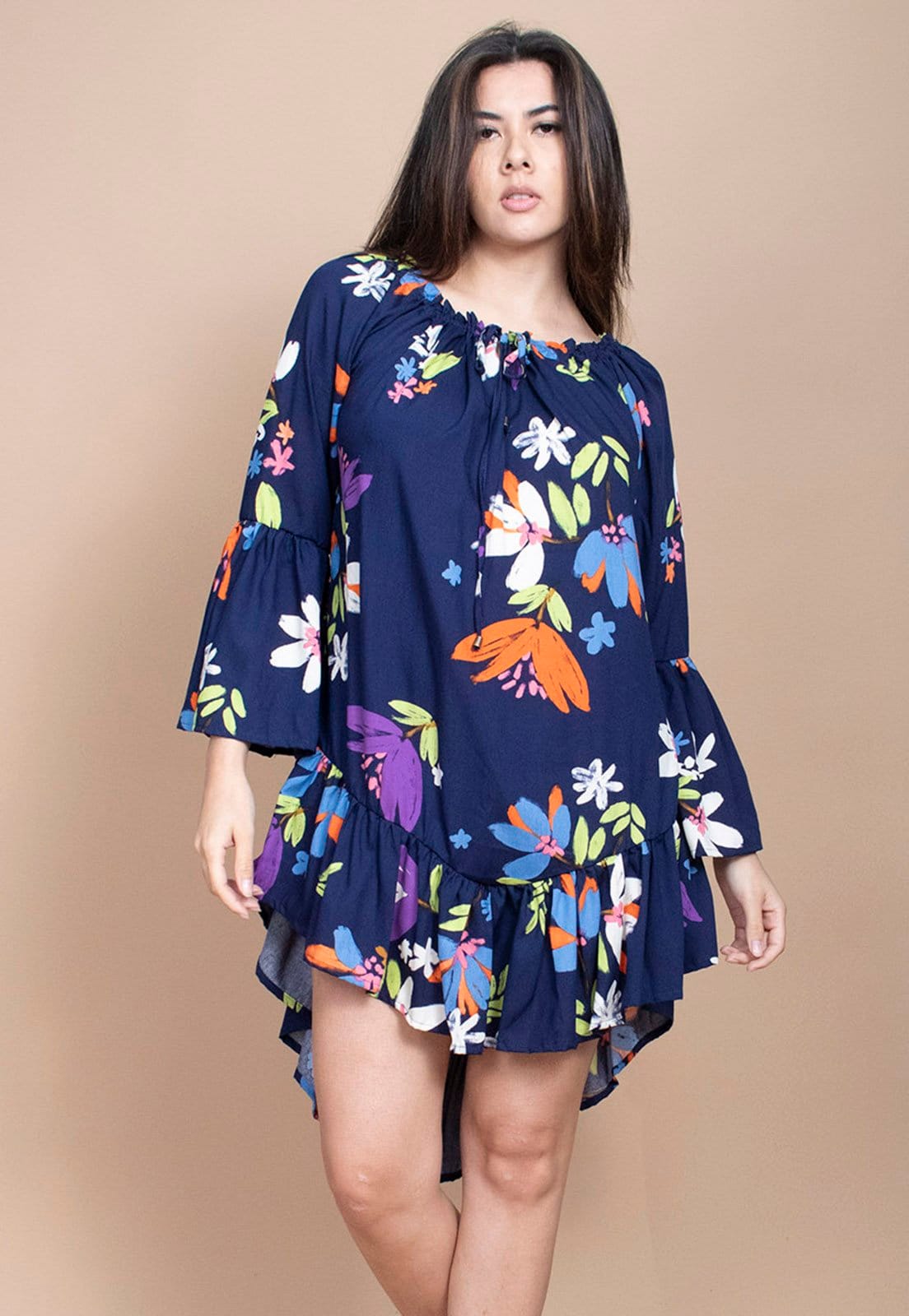 Vista principal Vestido Curto Cabanafree Viscose Com Babados Estampa Festa das Flores Azul Cabanafree estampado/laranja/roxo azul