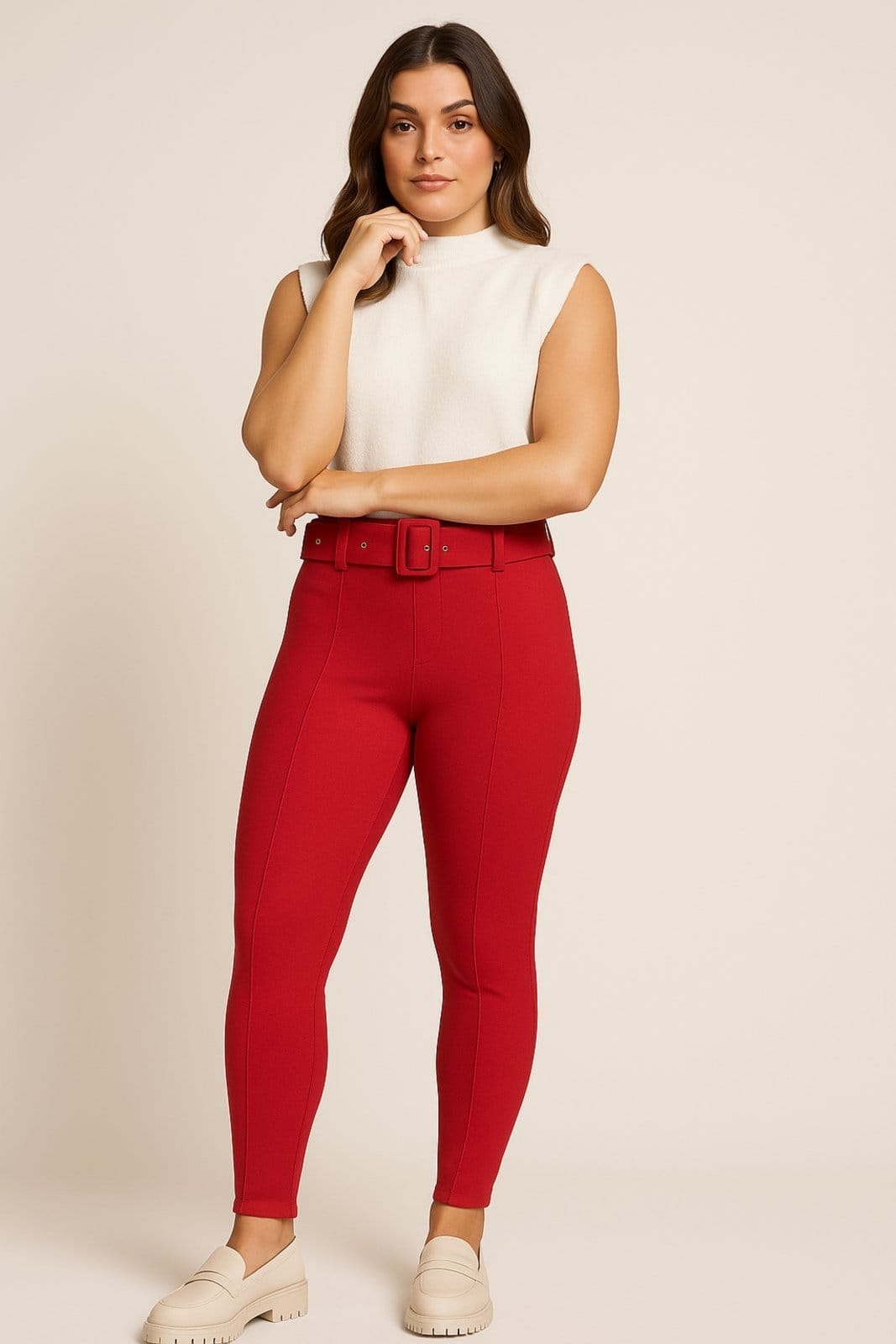 Calça Alfaiataria D Bell Outlet Fashion Com Cinto Vermelha