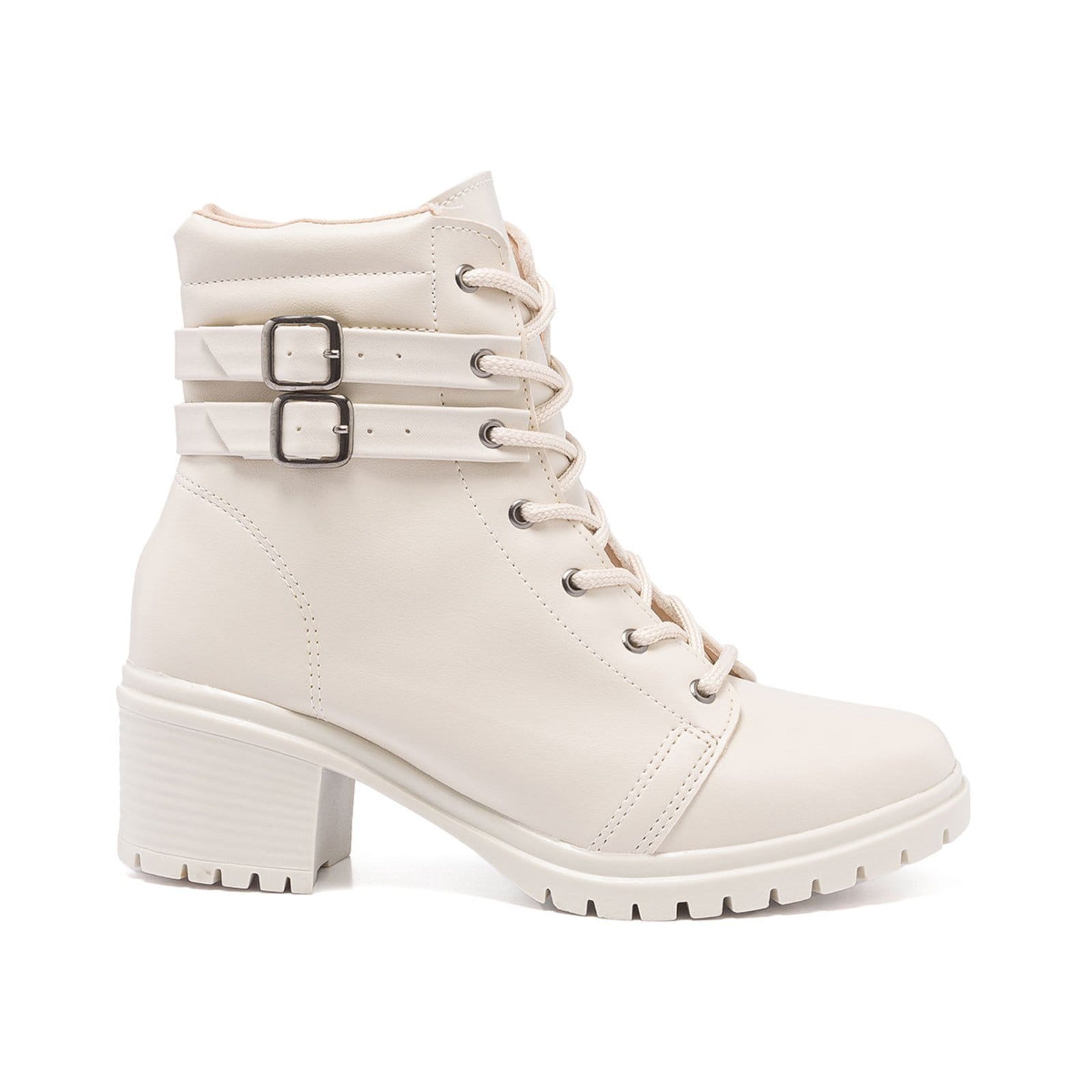 Coturno Feminino Stessy Shoes Bota Cano Curto Salto Baixo Dupla Fivela Off White