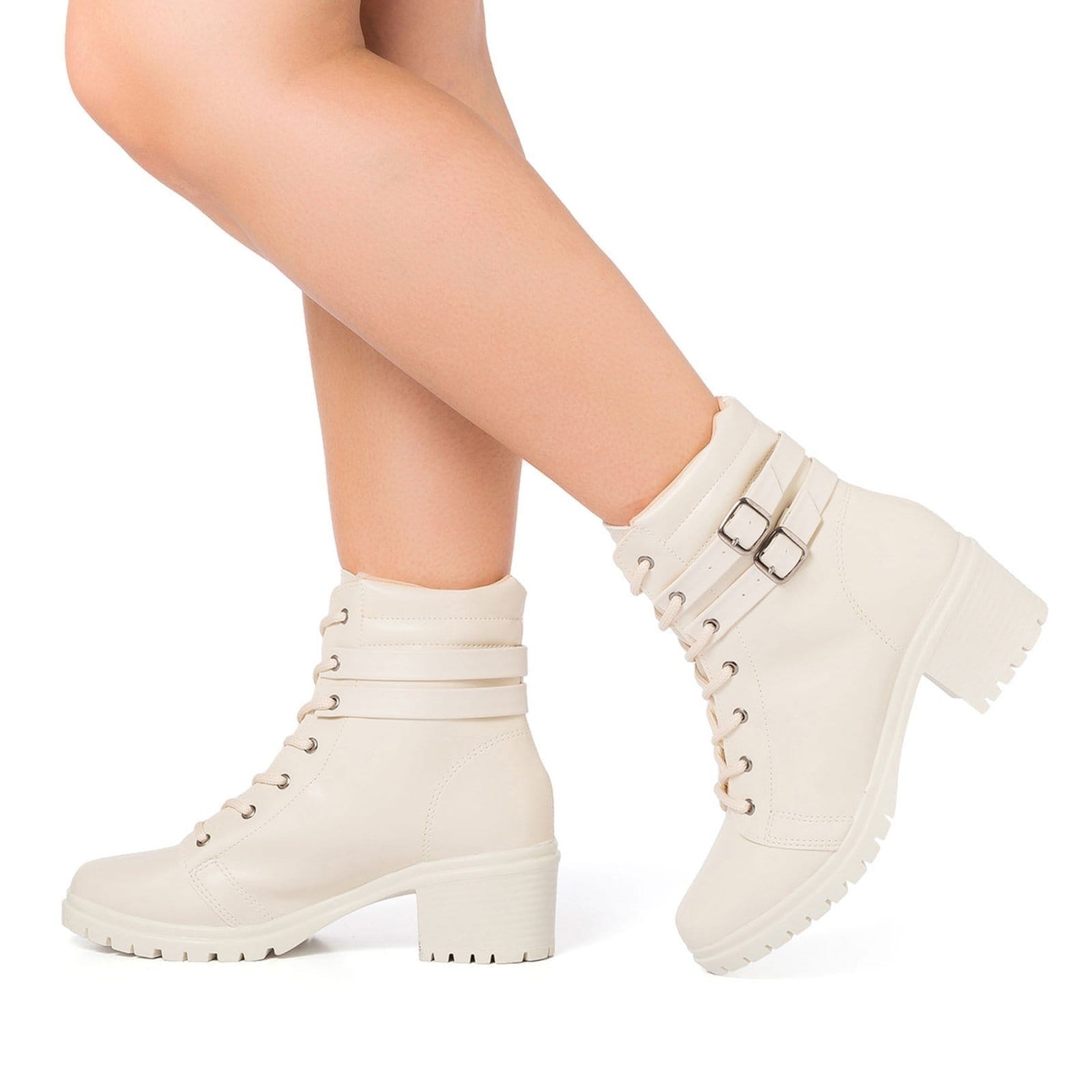 Vista 2 Coturno Feminino Stessy Shoes Bota Cano Curto Salto Baixo Dupla Fivela Off White Stessy Shoes preto white