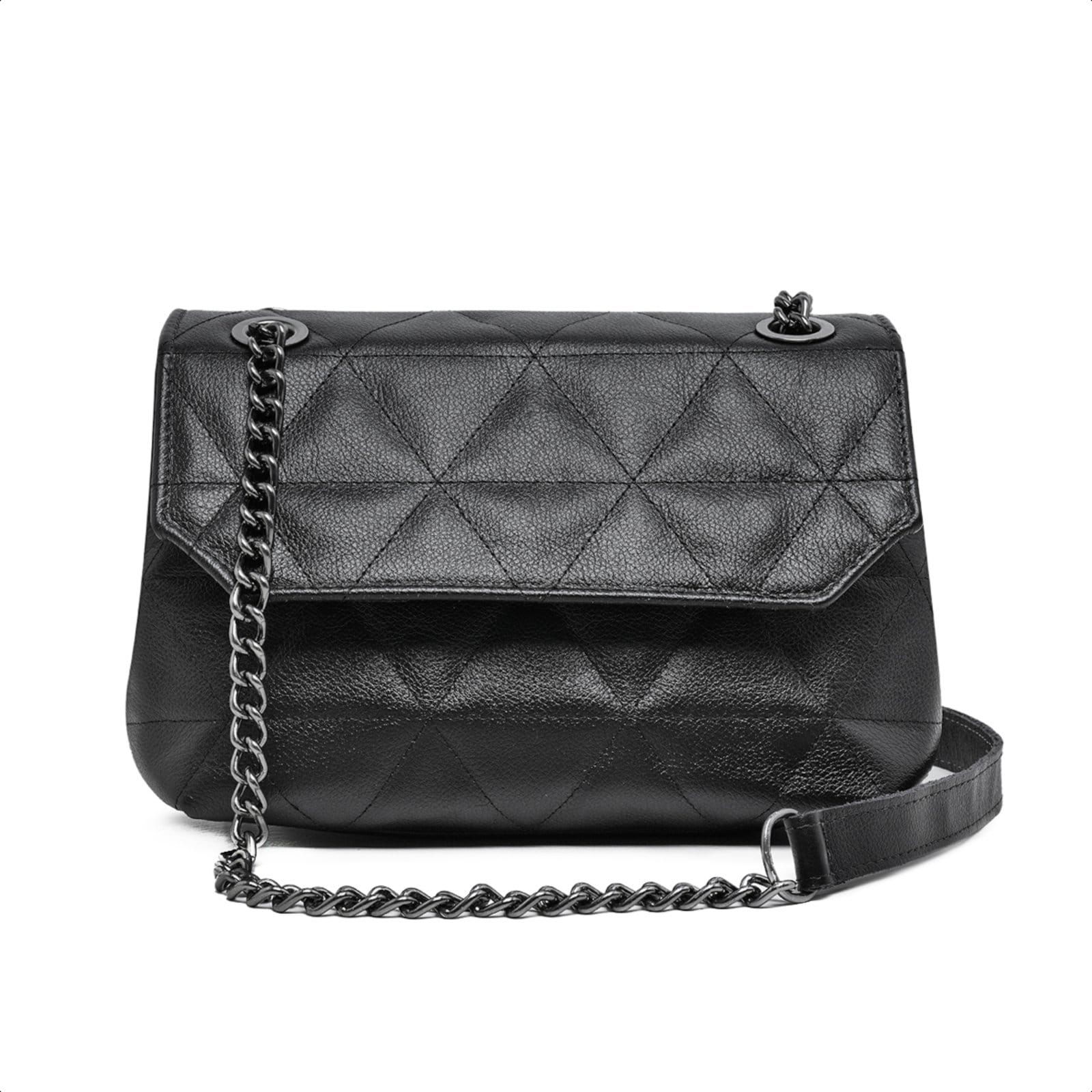 Bolsa Feminina De Couro Legitimo Preta Alça Corrente 2 Repartições Interna Moda Casula Festa Balada