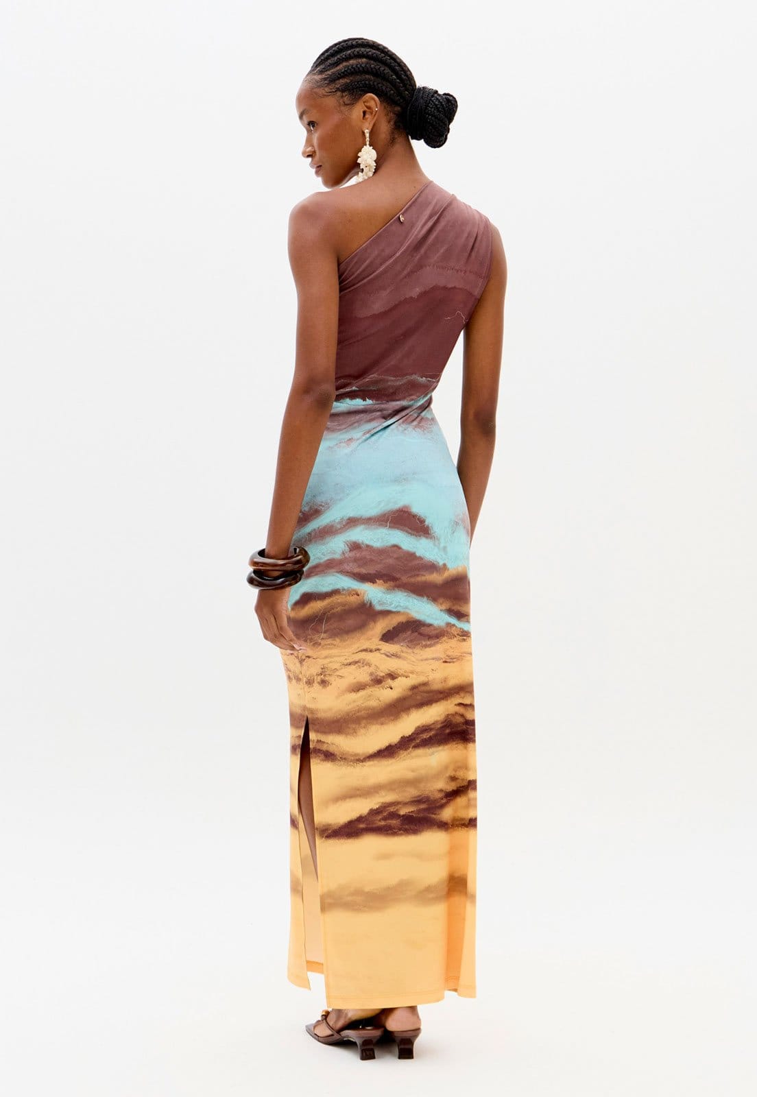 Vista 2 Vestido Feminino Lança Perfume Ombro Único Estampado Longo Lança Perfume marrom