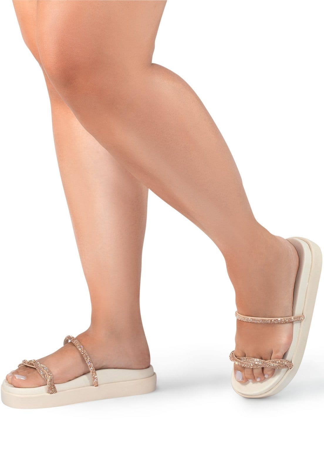 Vista 2 Sandália Papete Feminina Lumiss Flatform Tiras Strass Off White LUMISS off-white white