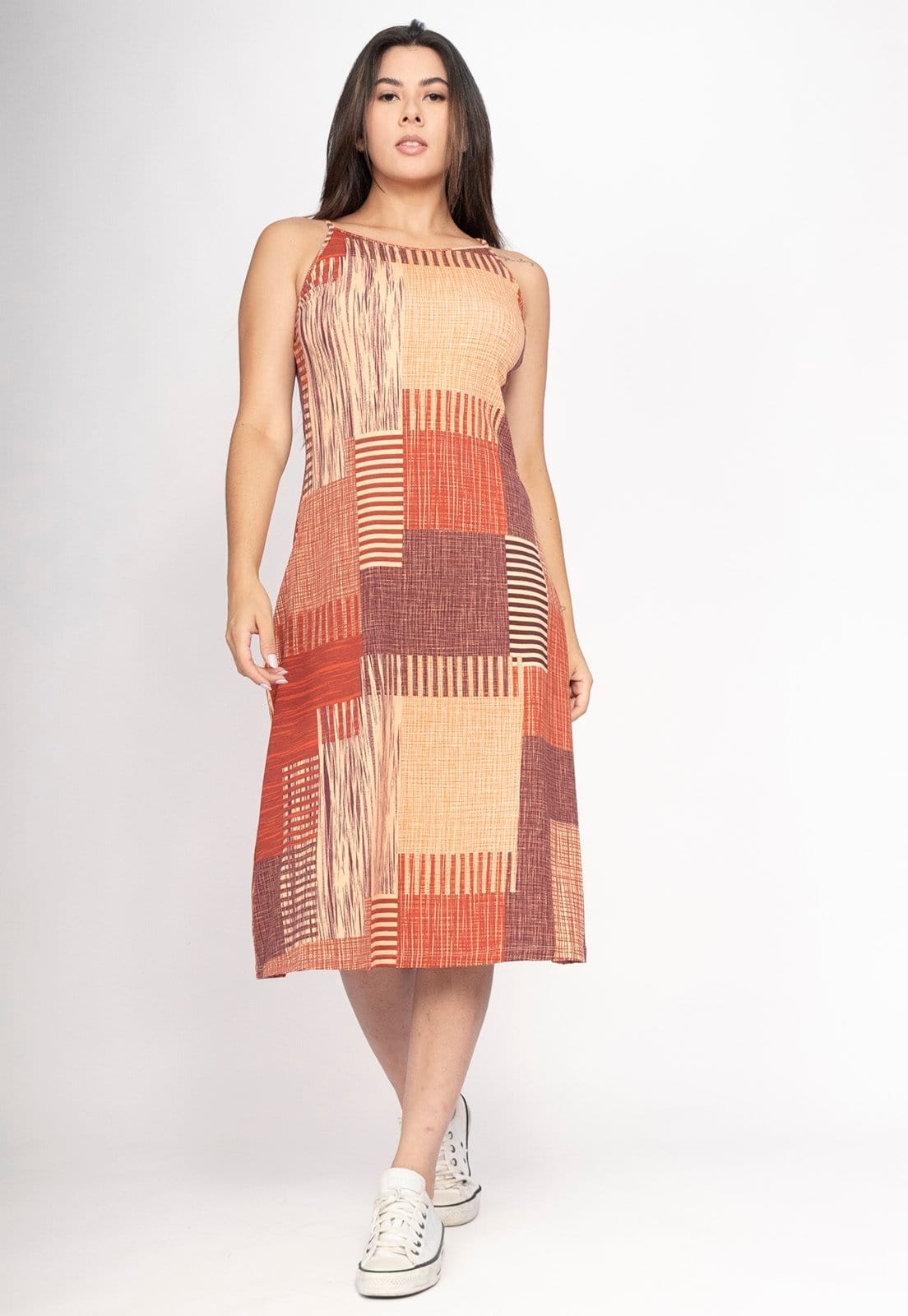 Vista 2 Vestido Amazonia Vital Aimara Curto Trapézio Malha Tramas do Sol Amazonia Vital estampado