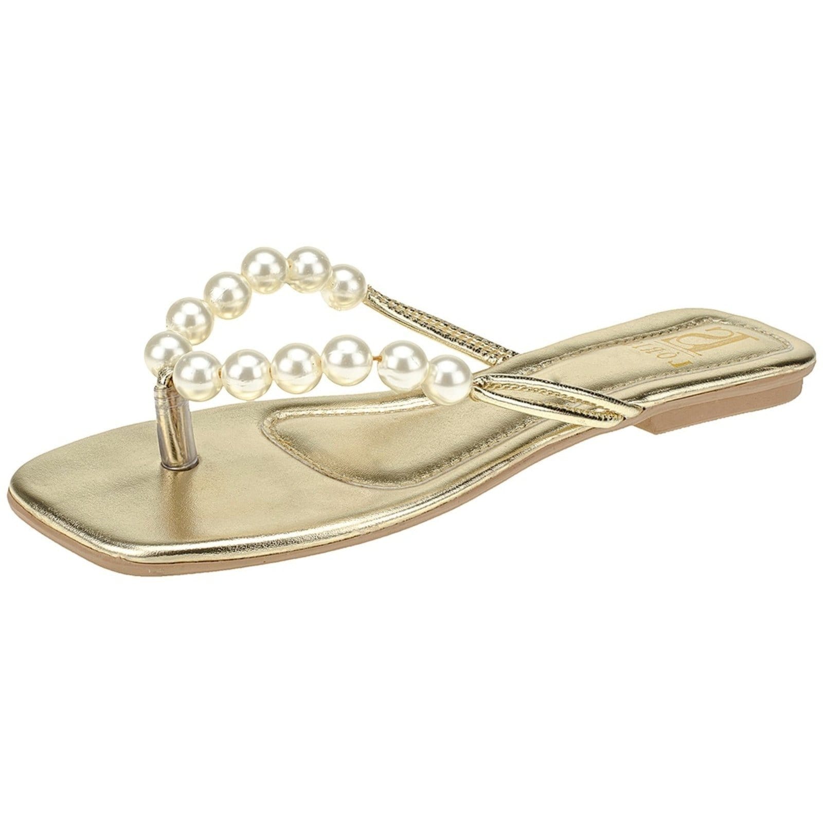 Vista 2 Rasteirinha de Pérolas Confortável Rasteira Dourada Tendência Final de Ano Sandália LÓRIS SHOES dourado
