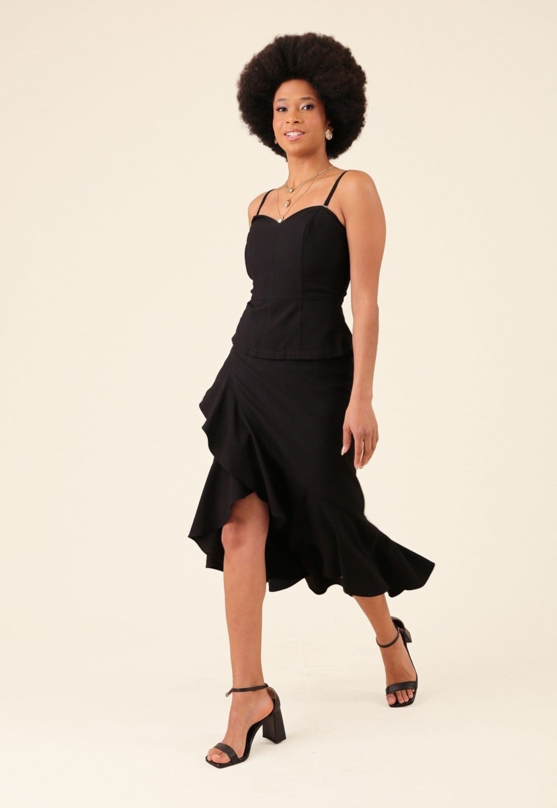 Vista principal Saia Midi Pop Me Em Alfaiataria Com Babados Pop Me preto