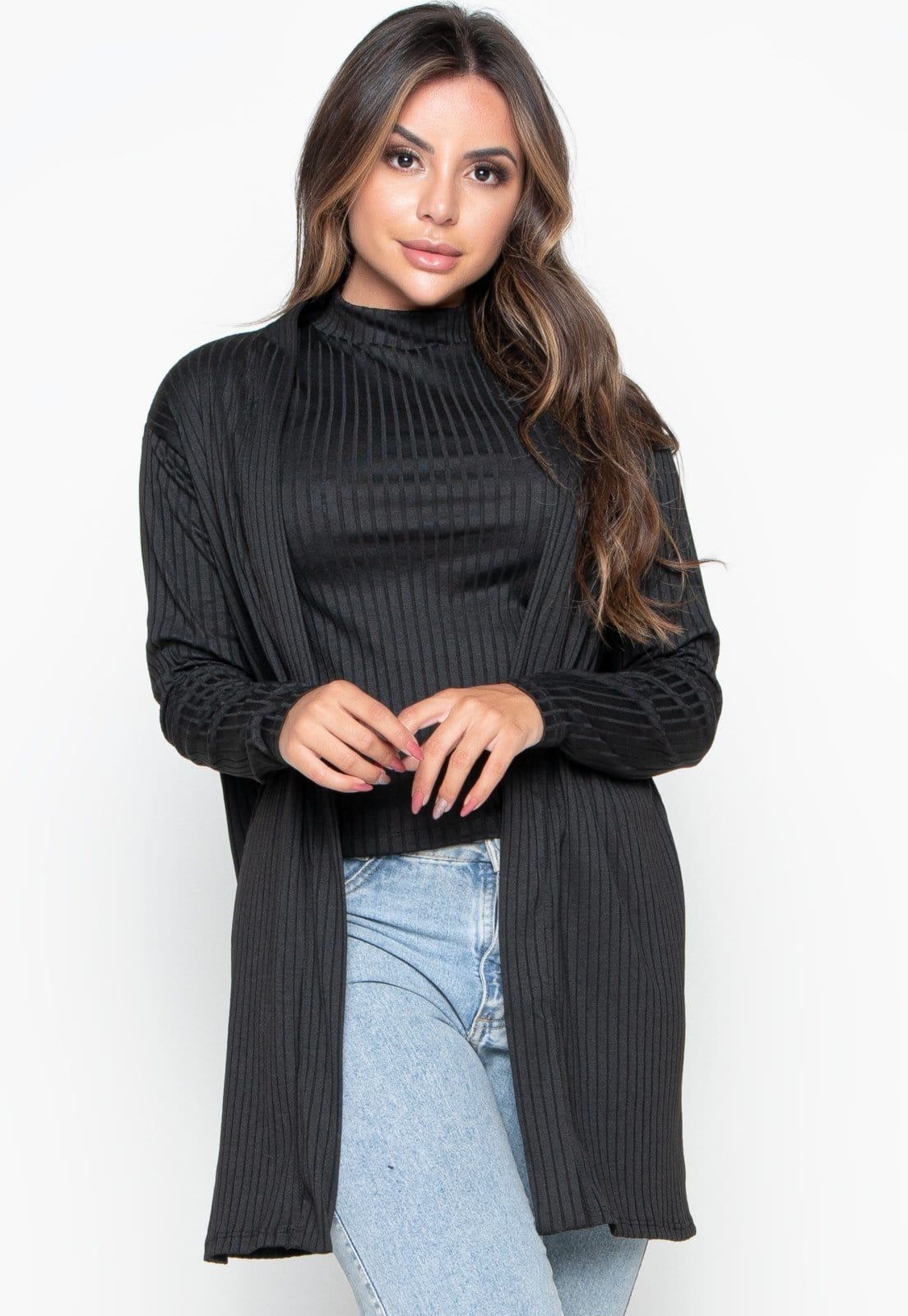 Vista principal Cardigan Kimono Canelado Bravaa Store Cardigã Feminino Aberto Casaco Blazer 166 BRAVAA STORE preto