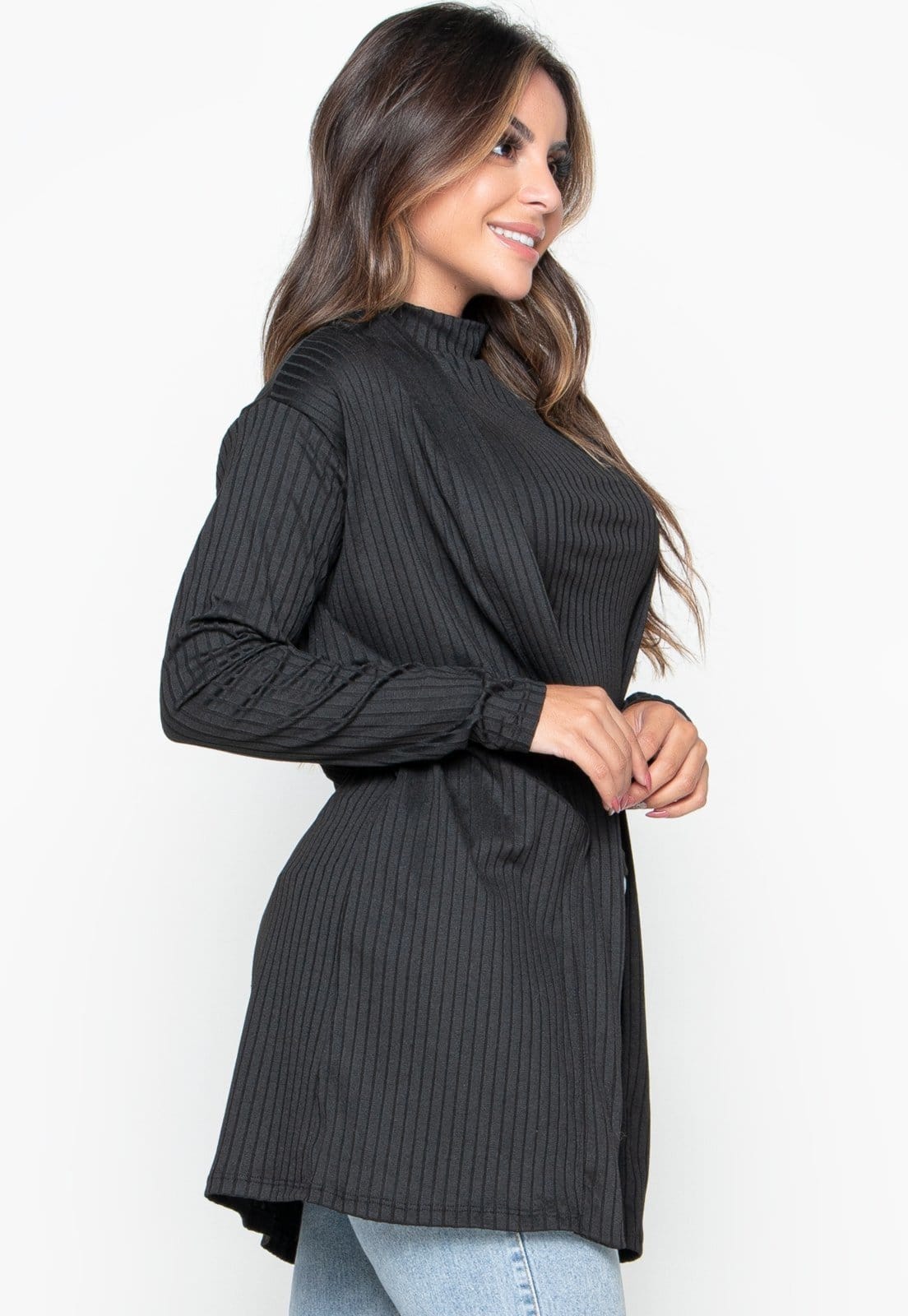 Vista 2 Cardigan Kimono Canelado Bravaa Store Cardigã Feminino Aberto Casaco Blazer 166 BRAVAA STORE preto