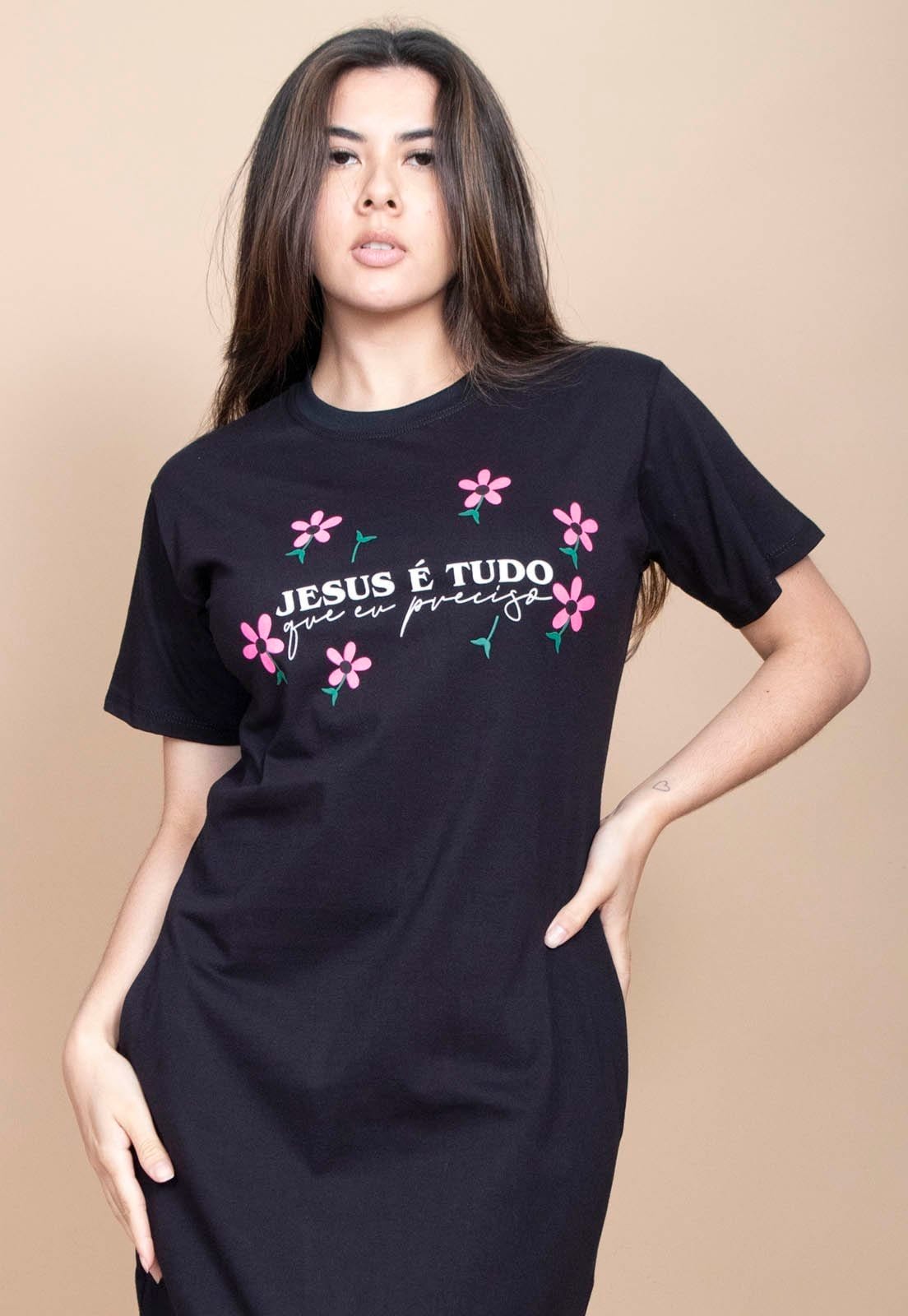 Vista principal Vestido Cabanafree Midi Algodão Manga Curta Moda Evangélica Preto Cabanafree estampado/rosa