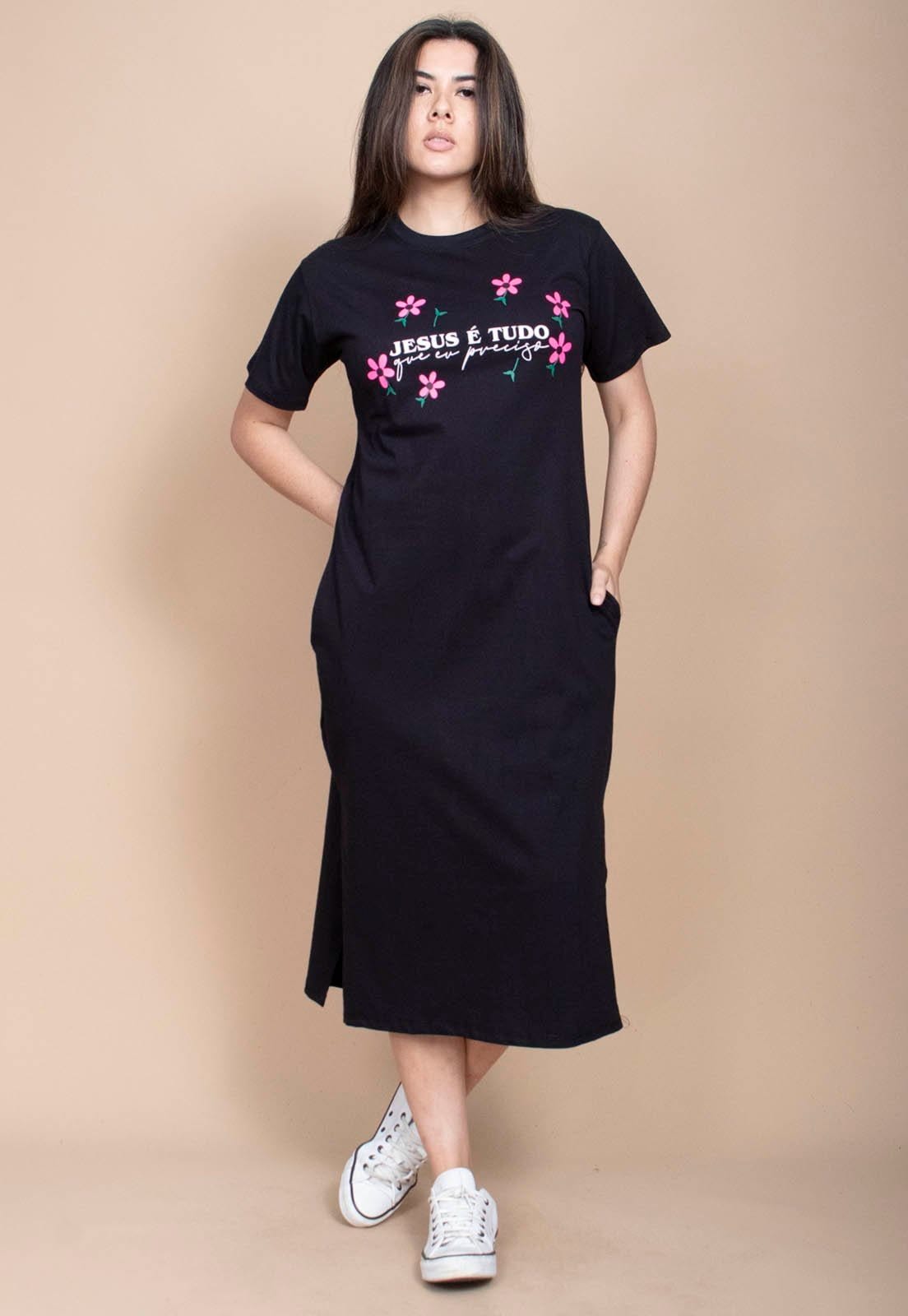 Vista 2 Vestido Cabanafree Midi Algodão Manga Curta Moda Evangélica Preto Cabanafree estampado/rosa