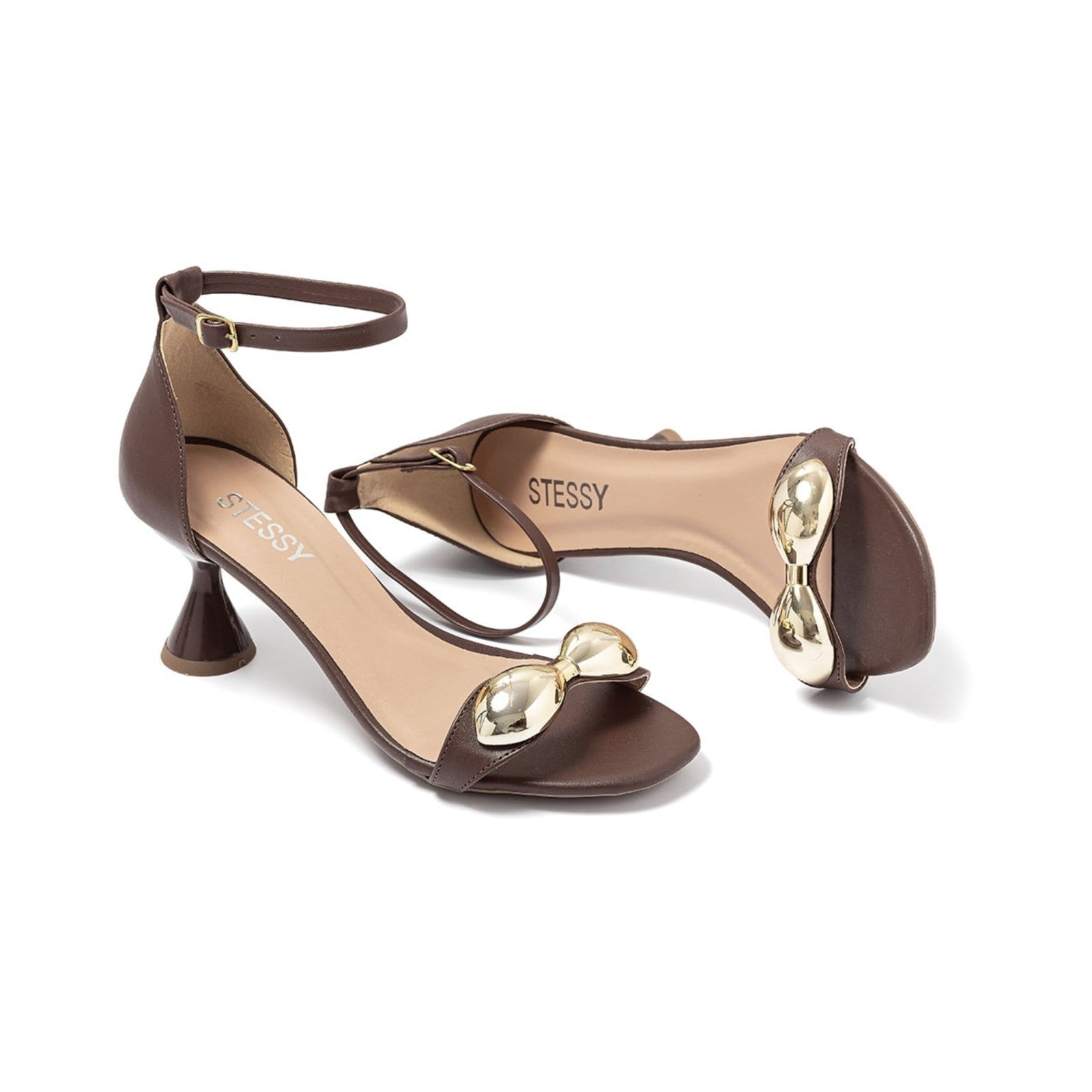 Vista 2 Sandália Feminina Stessy Salto Taça Baixo Enfeite Laço Casual Stessy Shoes marrom