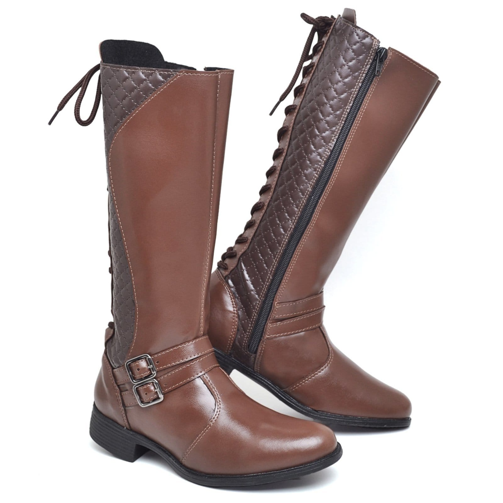 Bota Feminina Cano Longo Moderna Marrom em Sintético com Amarração Polo Blu do 33 ao 40