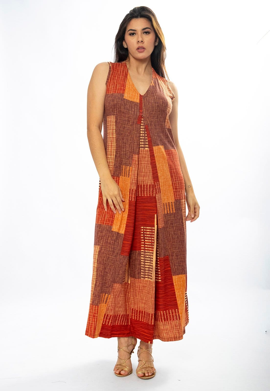 Vista 2 Vestido Longo Amazônia Vital Acará Malha Estampa Tramas do Sol Amazonia Vital bege/marrom/vermelho