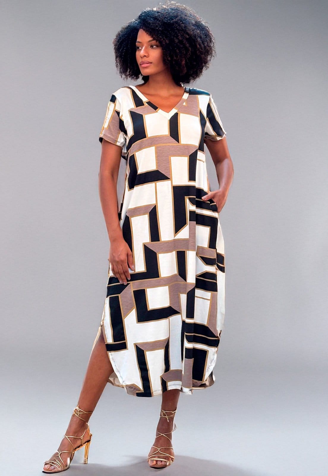 Vista 2 Vestido Cabanafree Midi Abapã Malha com Bolso Estampa Igaci Cabanafree estampado/marrom/preto