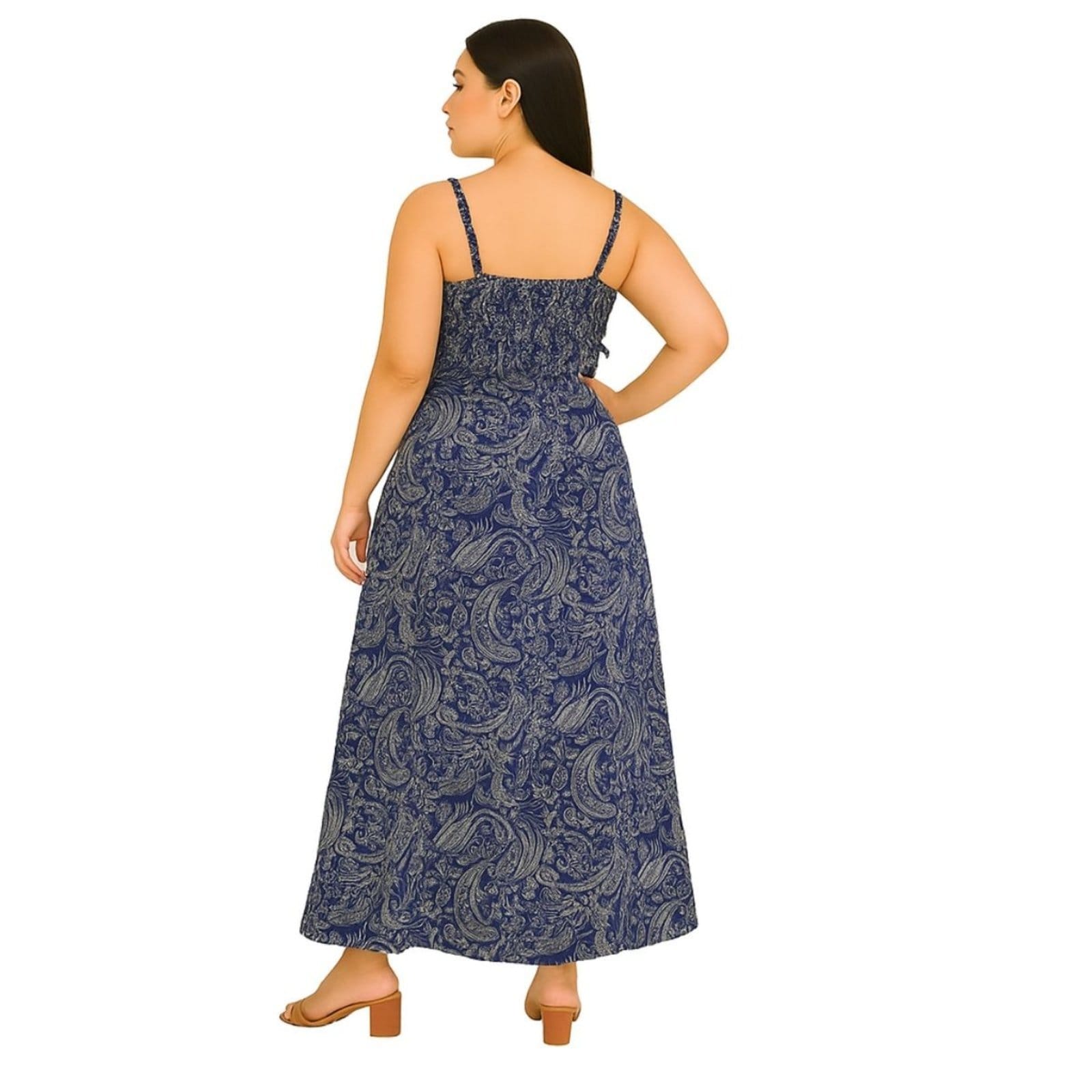 Vista 2 Vestido Longo Indiano Vih Triny Azul Marinho Estampa Paisley Preto Vih Triny preto azul