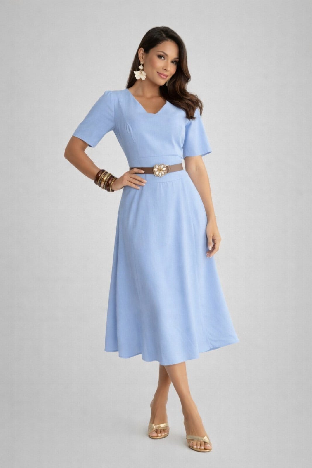 Vestido Midi D Bell Outlet Fashion Gola V com Cinto Azul