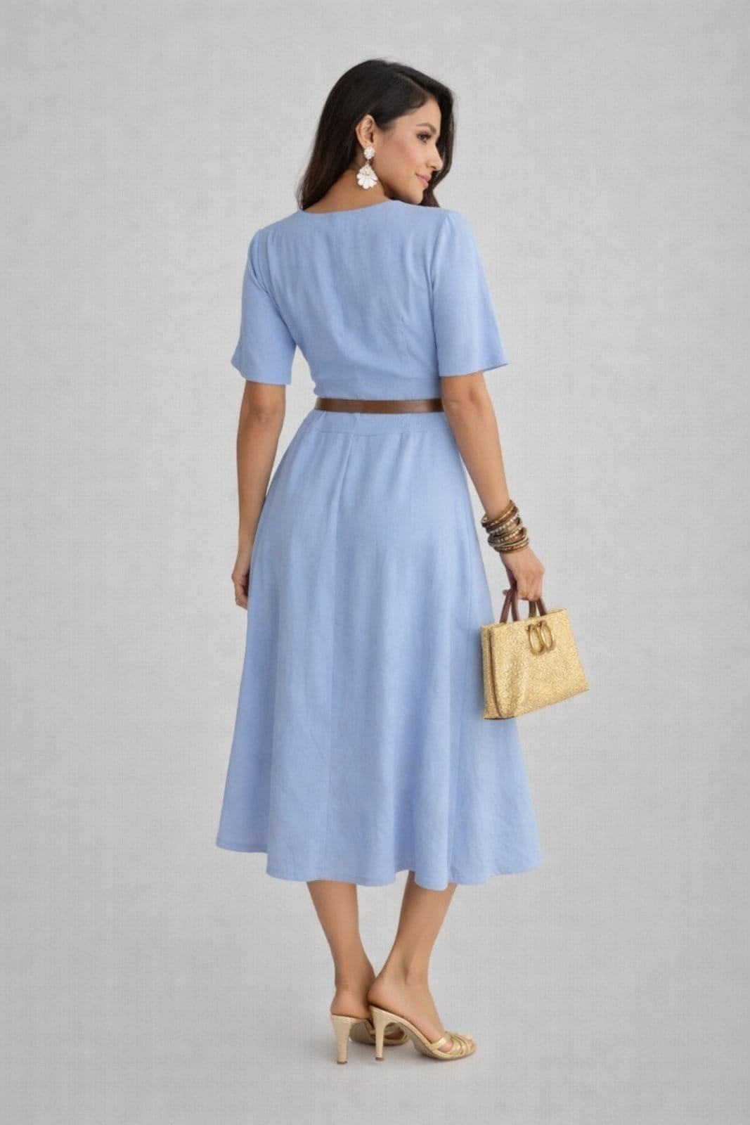 Vista 2 Vestido Midi D Bell Outlet Fashion Gola V com Cinto Azul D BELL OUTLET FASHION azul marinho