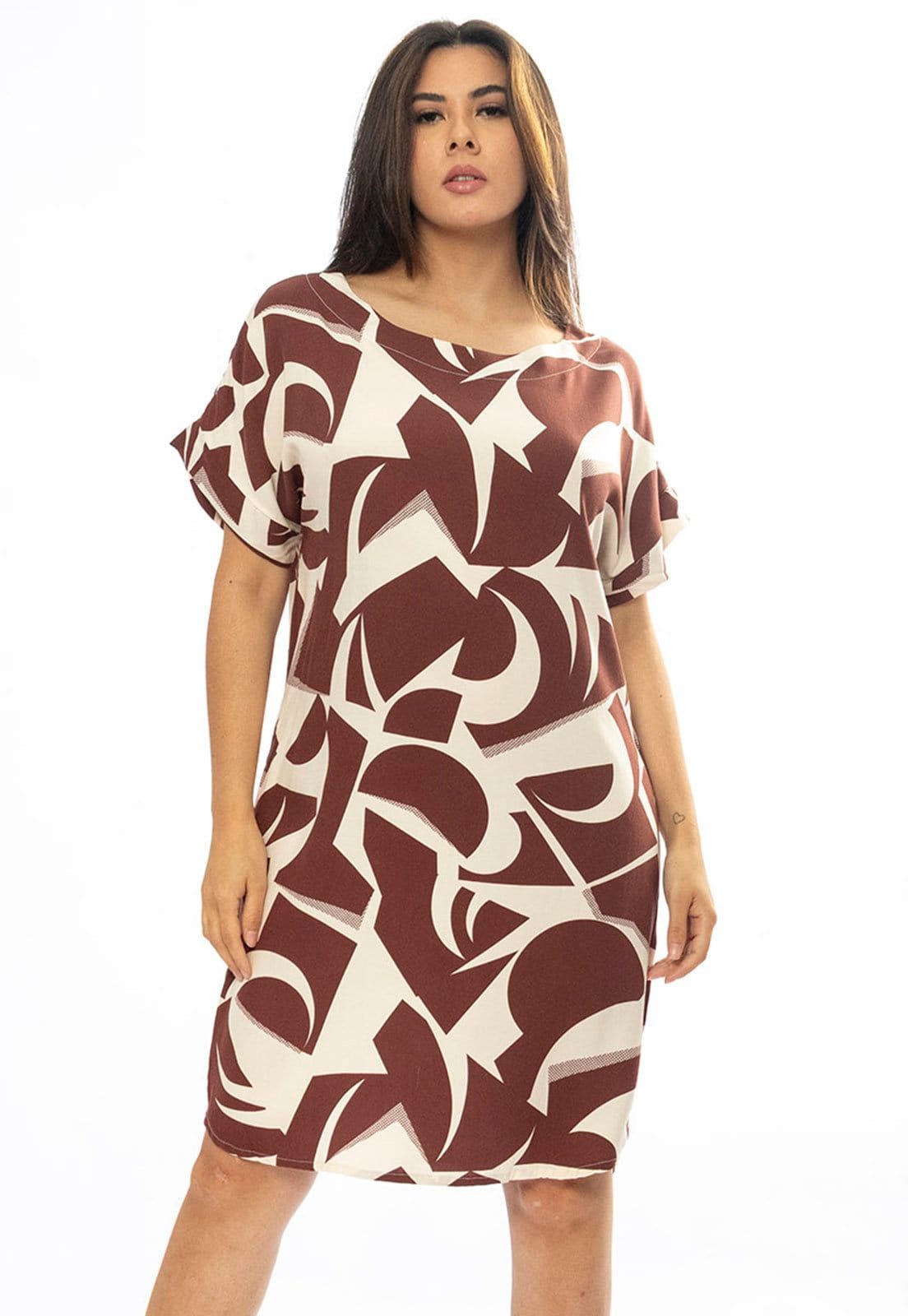 Vista principal Vestido Curto Cabanafree Viscose com Bolso Estampa Raízes Marrom Cabanafree estampado/off-white