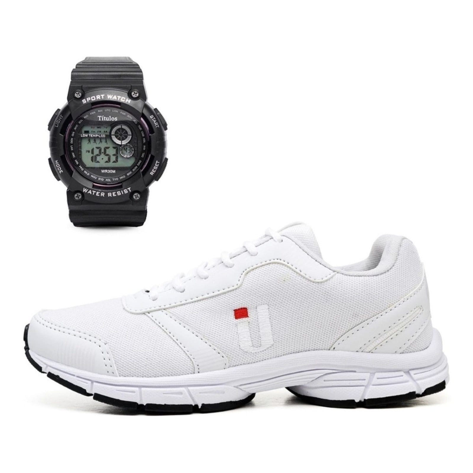 Vista principal Tênis Casual Masculino Academia Corrida Leve Super Resistente Lançamento Mais Relógio Promoção OUSY SHOES branco