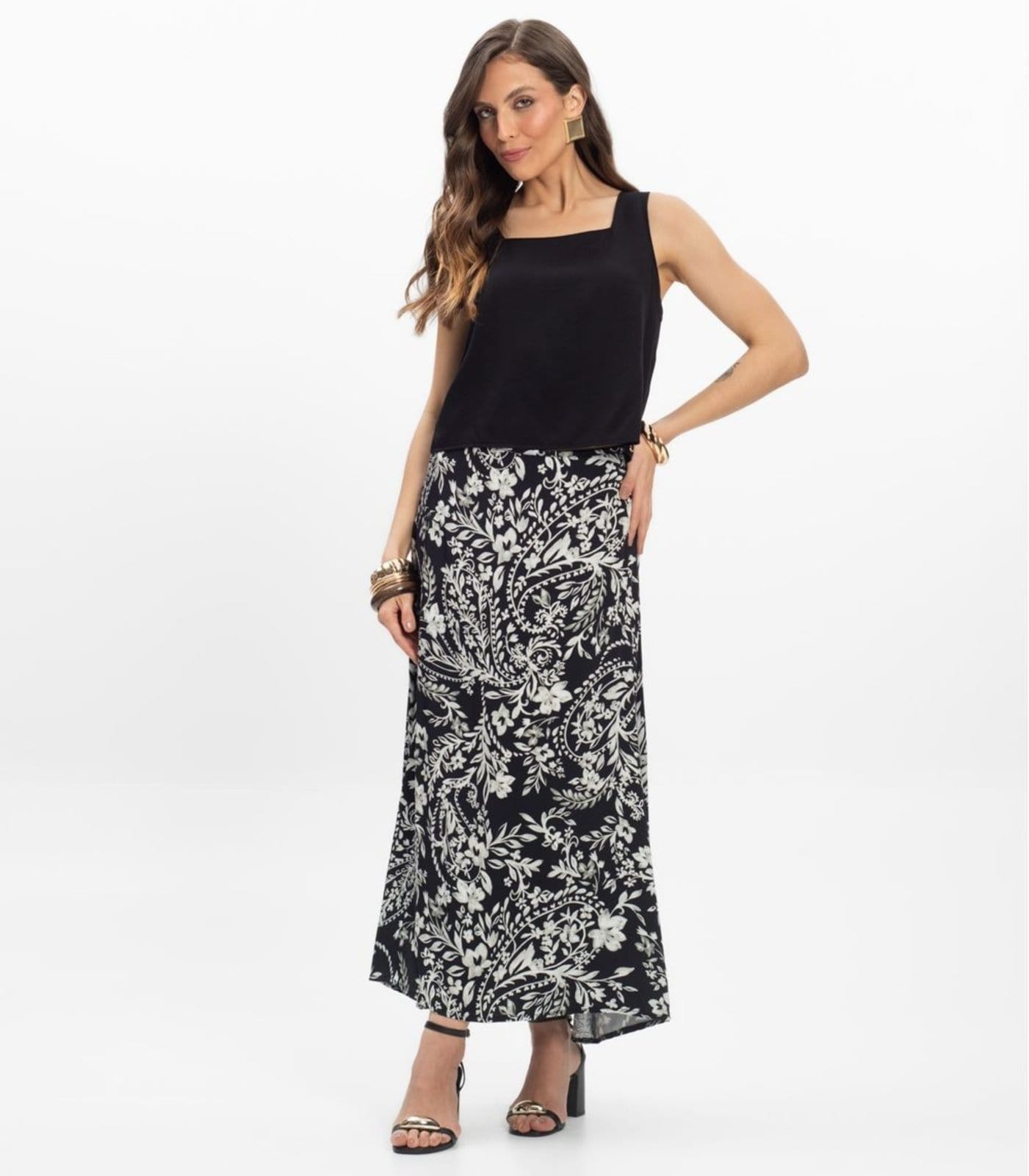 Vista principal Saia Midi Viscose Khyara Feminina Endless Endless preto
