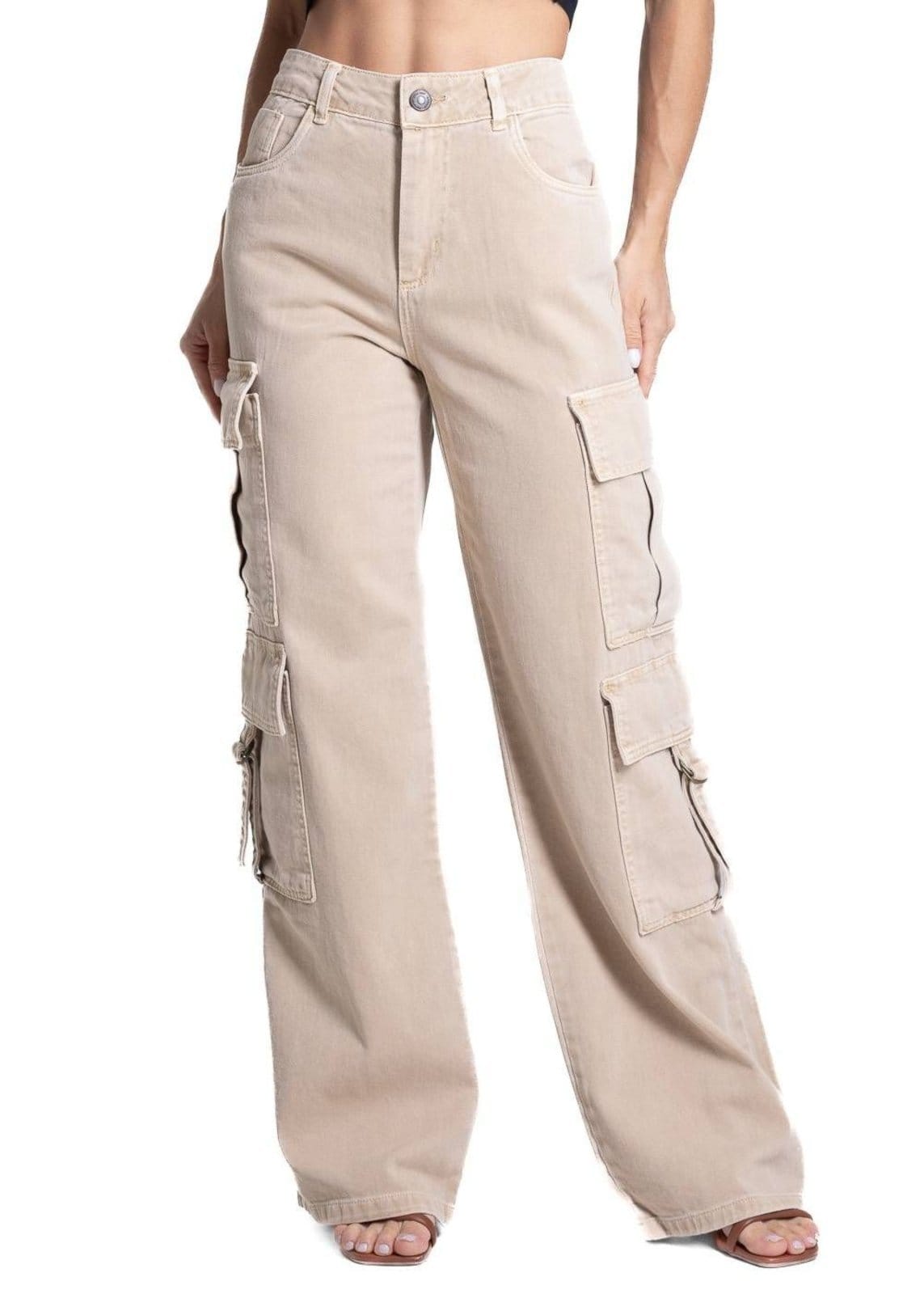 Vista principal Calça Sarja Sawary Wide Leg - 282160 Sawary bege