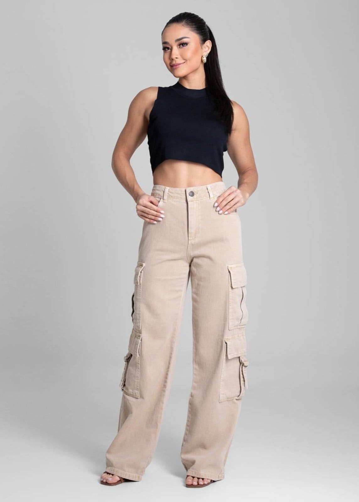 Vista 2 Calça Sarja Sawary Wide Leg - 282160 Sawary bege