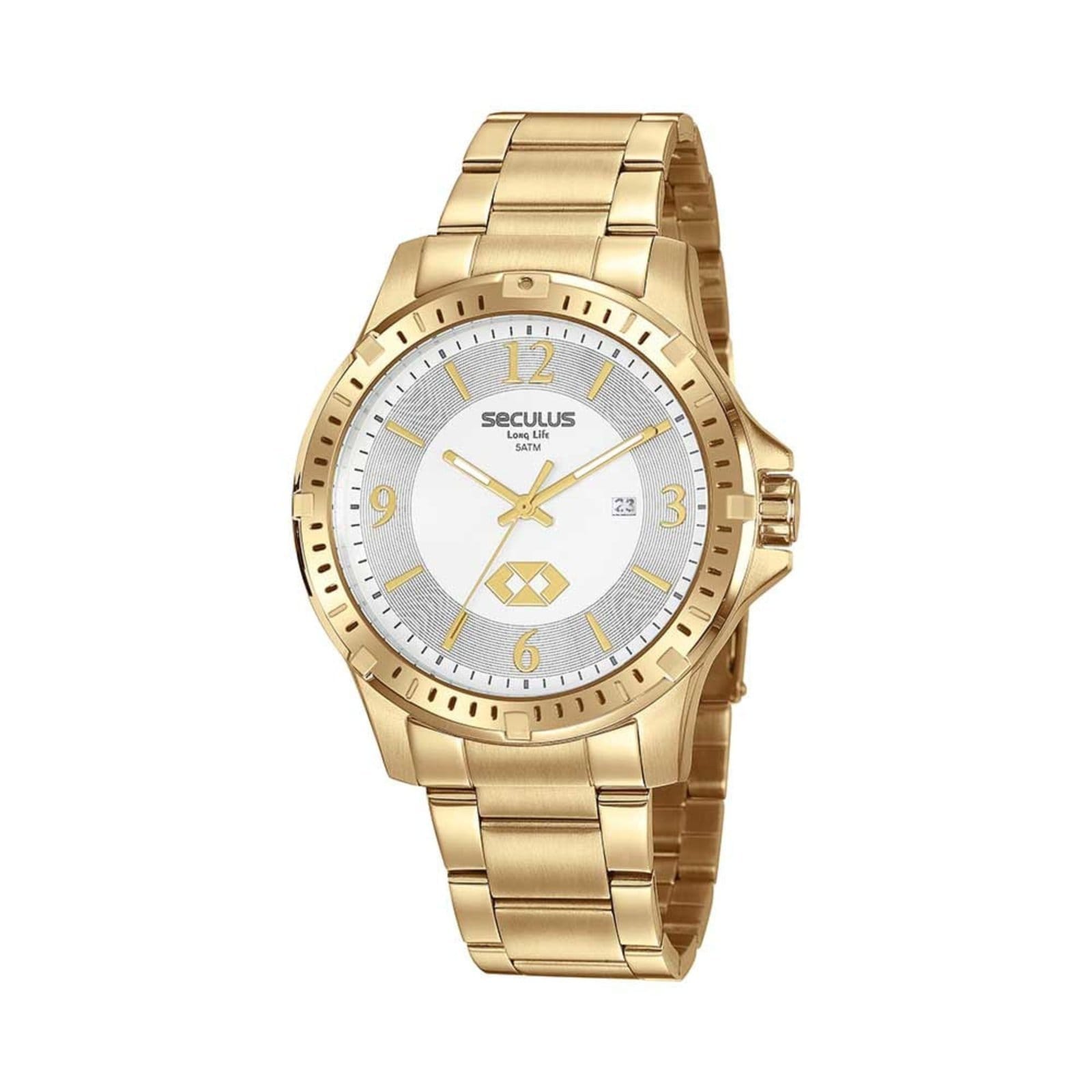 Vista 2 Kit Relógio Seculus Masculino Calendário Profissão com Chaveiro Seculus dourado