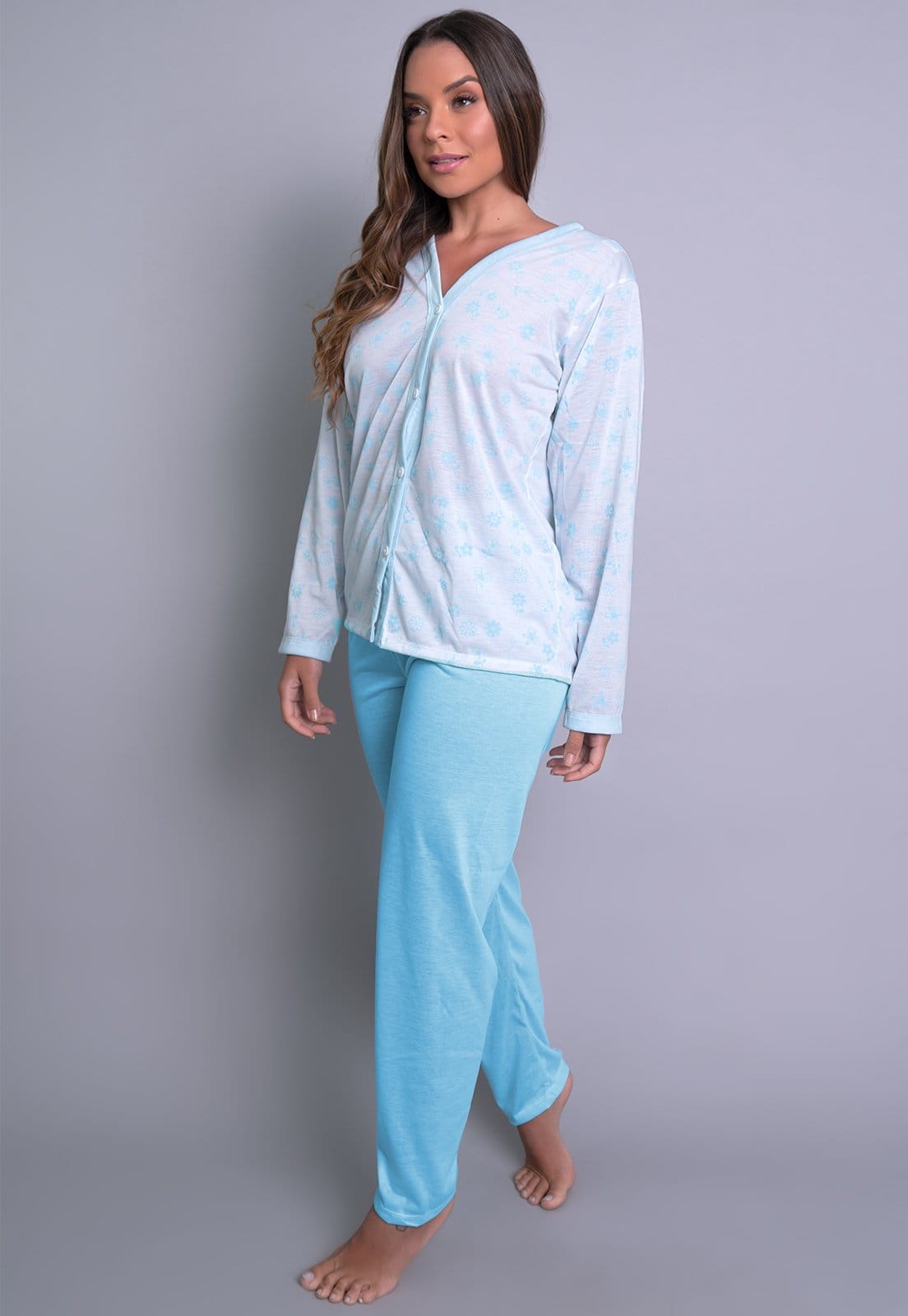 Vista 2 Pijama Longo MVB Modas Aberto Blusa Com Botões E Calça Adulto Mvb Modas azul
