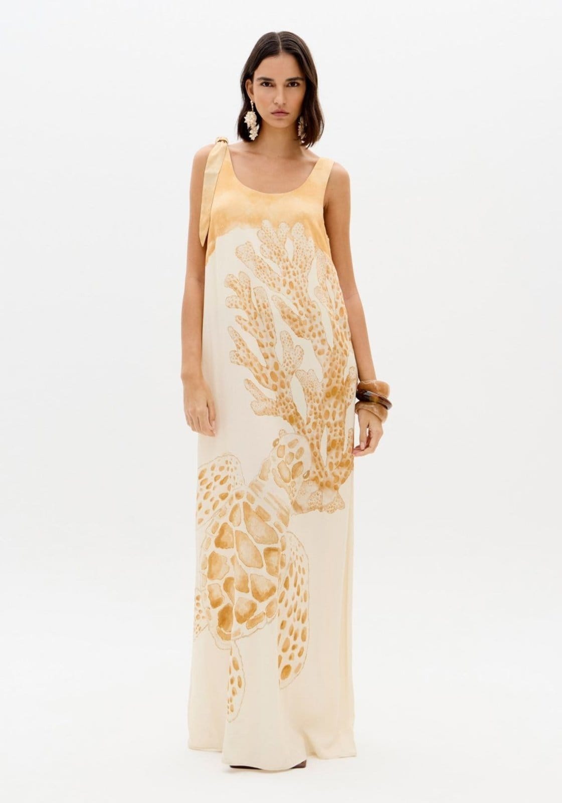 Vista principal Vestido Longo Estampado Com Amarração Lança Perfume amarelo